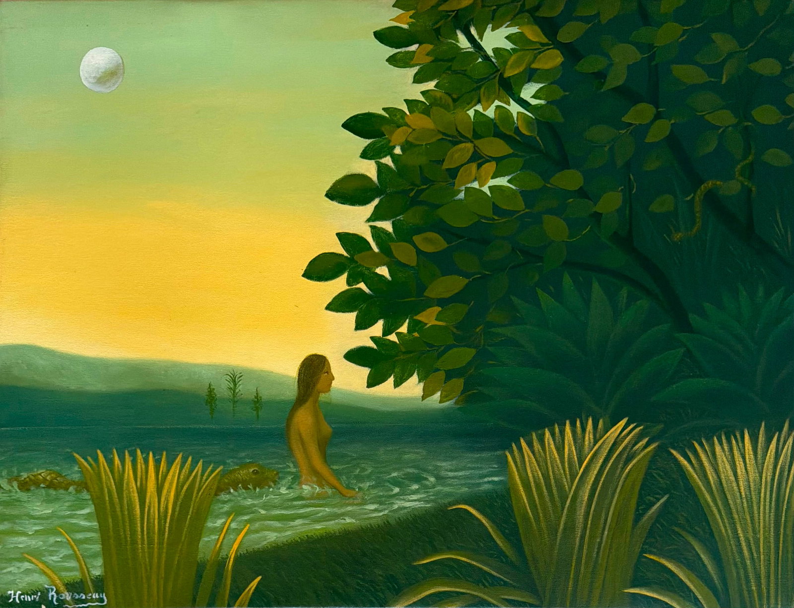 Henri Rousseau (French, 1844–1910) Oil on canvas painting in the style of Moonlit River Landscape: Title: Moonlit River Landscape Technique: Oil on canvas Measures: 23 x 30 inches (58.4 x 76.2 cm) Year: Early 20th Century Primitivist Period Condition: Good condition. Surface presents stable pigment