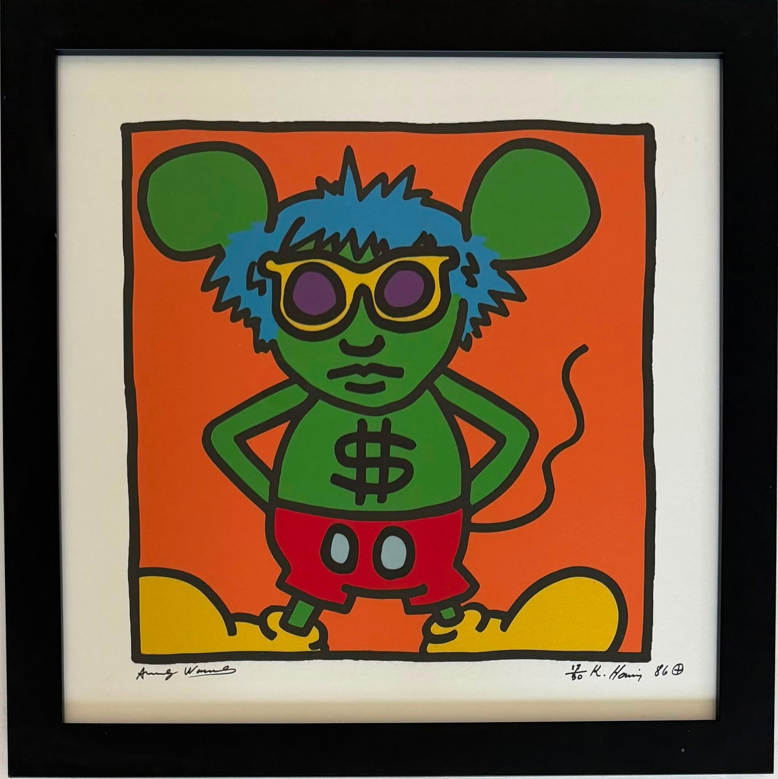 Keith Haring American 1958–1990 lithograph on paper Dollar Mouse: Title: Dollar Mouse Technique: Lithograph on paper Measures: 19 x 19 inches (48.3 x 48.3 cm) Year: 1986 Condition: Good condition. Surface presents strong coloration with well-preserved printed detail