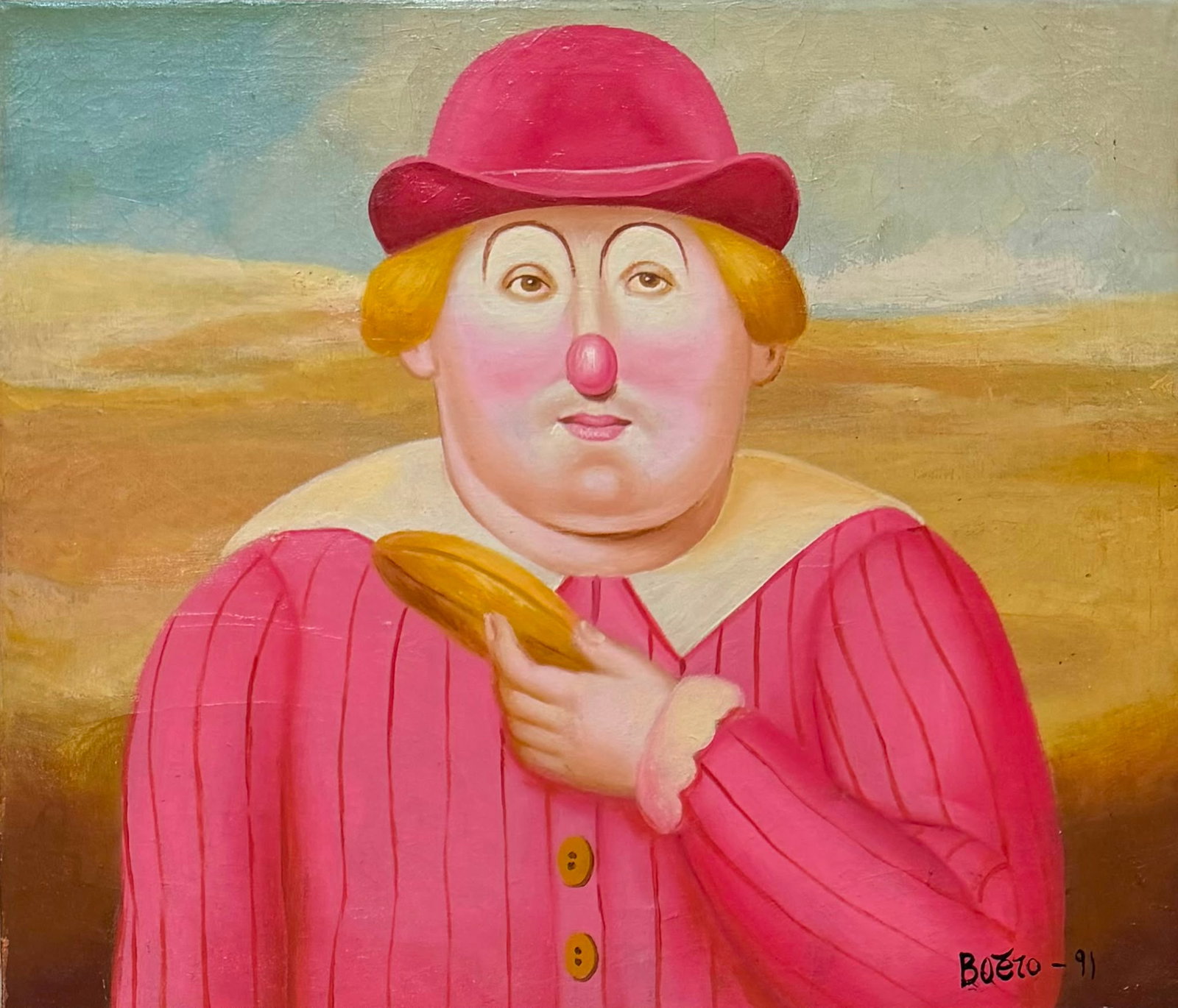 Fernando Botero Colombian1932–2023 oil on canvas painting in the style of , Kahlo , Rivera Style: Title: Pink Clown with Bread Technique: Oil on canvas Measures: 24 x 20 inches (61.0 x 50.8 cm) Year: 1991 Condition: Good condition. Surface presents stable pigment application with rich coloration a
