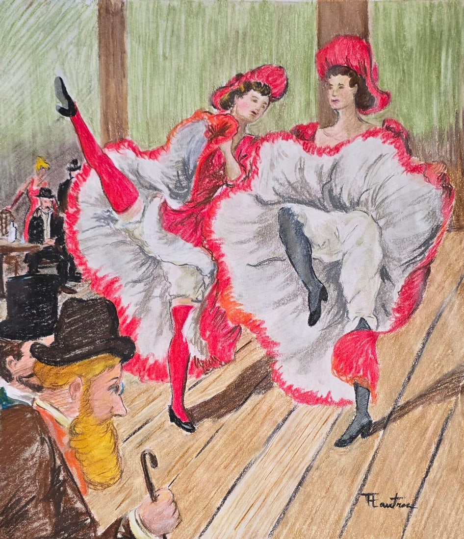 Henri de Toulouse-Lautrec (French, 1864–1901) Pastel on Paper painting , in the style of,Degas: Title: Moulin Rouge Dancers Technique: Pastel on paper Measures: 12 x 14 inches (30.5 x 35.6 cm) Year: Late 19th Century Belle Époque Period Condition: Good condition. Surface presents well-preserved