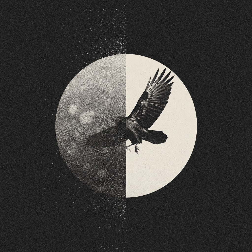 Eclipse of the Raven. Acrylic print on panel. By the IAAG Artists Group. Contemporary.: Title: Eclipse of the Raven Technique: Acrylic print on panel Measures: 20 × 20 inches (51 × 51 cm) Year: Contemporary Condition: Excellent condition. Sharp monochromatic detailing with refined cont