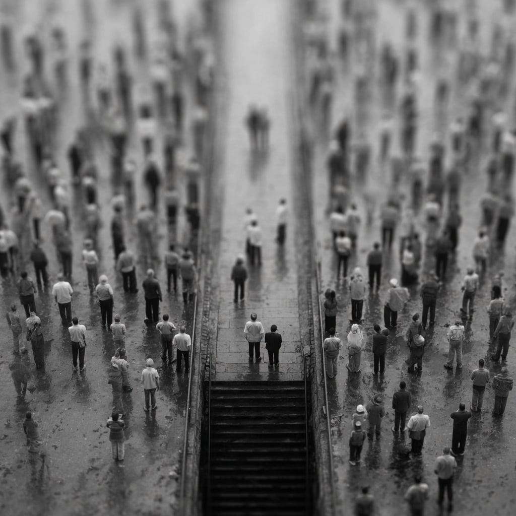 Silent Assembly. Acrylic print on panel. By the IAAG Artists Group. Contemporary.: Title: Silent Assembly Technique: Acrylic print on panel Measures: 20 × 20 inches (51 × 51 cm) Year: Contemporary Condition: Excellent condition. Atmospheric monochromatic rendering with exceptional