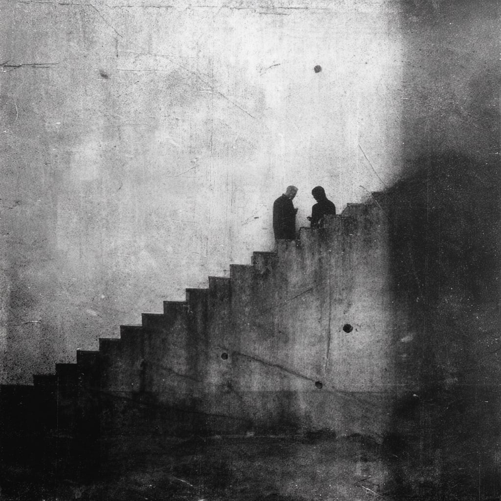 Threshold Conversation. Acrylic print on panel. By the IAAG Artists Group. Contemporary.: Title: Threshold Conversation Technique: Acrylic print on panel Measures: 20 × 20 inches (51 × 51 cm) Year: Contemporary Condition: Excellent condition. Atmospheric monochromatic composition with st