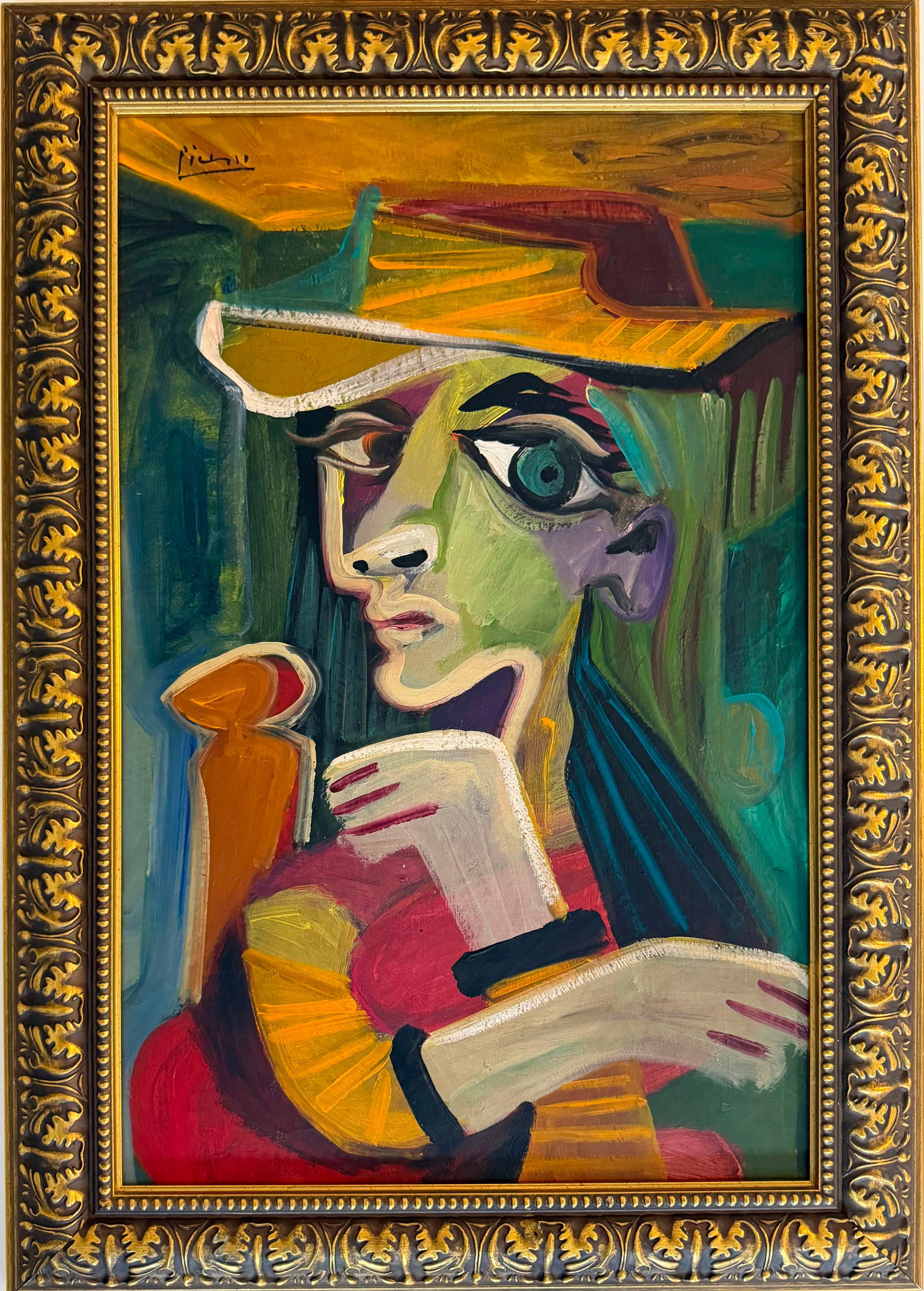 Pablo Picasso French 1881-1973 oil on canvas painting Femme au Chapeau in the style of . Dali Era: Title: Femme au Chapeau et Figure Stylisée Technique: Oil on canvas . Measures: 21 x 14 inchesYear: Mid-20th Century Visual Description: This captivating portrait composition presents a highly styliz