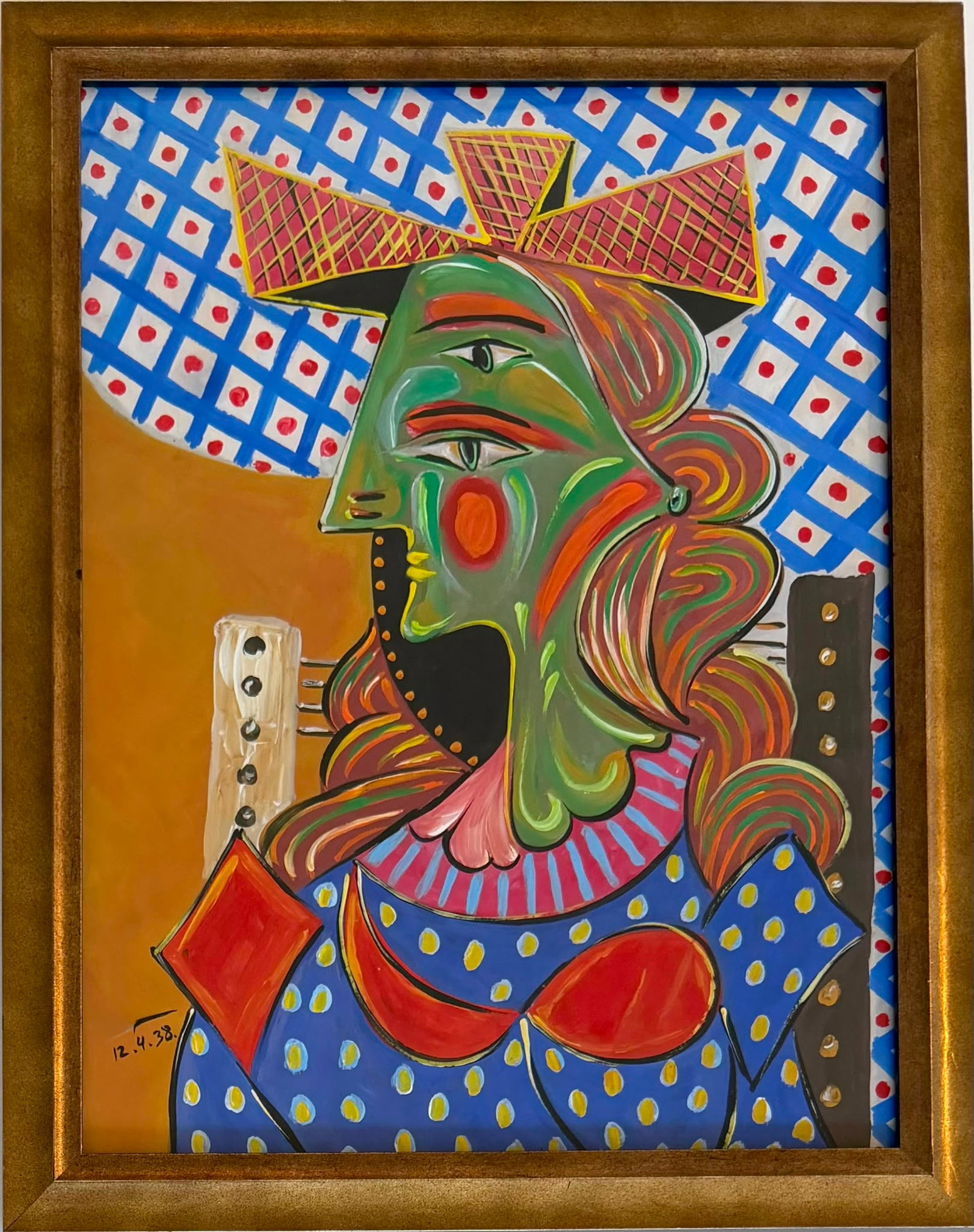 Pablo Picasso French 1881-1973 Gouache on Paper painting Cubist Lady in Polka.Miro,Dali Era: Title: Cubist Lady in Polka Dot Dress Technique: Gouache on paper Measures: 16 x 12 inches (40.6 x 30.5 cm) Year: Dated 12.4.38Visual Description: This striking and highly decorative portrait composit