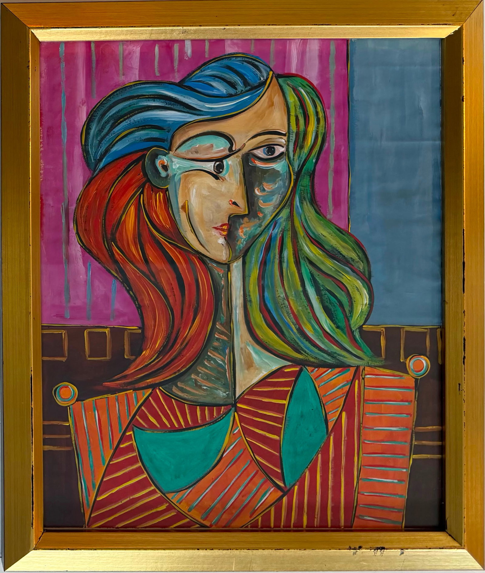 Pablo Picasso French 1881-1973 Gouache on Paper painting in the style of Multicolored Woman.Dali Era: Title: Cubist Woman with Multicolored Hair Technique: Gouache on paper Measures: 16 x 13 inches (40.6 x 33 cm) Year: Mid-20th Century Modernist Period Visual Description: This captivating Cubist portr