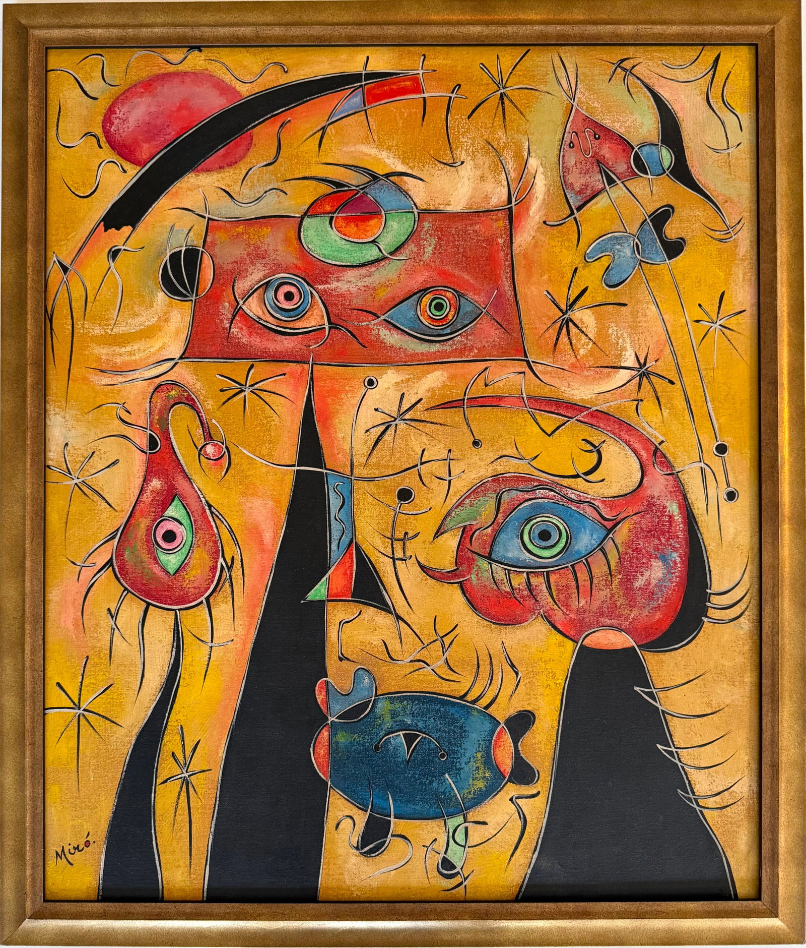 Joan Miro Spanish 1883-1983 oil on canvas painting Celestial Eyes in the style of.Dali , Picasso Era: Title: Celestial Eyes and Surreal Forms Technique: Oil on canvas Measures: 24 x 20 inches (61 x 50.8 cm) Year: Mid-20th Century Modernist Period Visual Description: This imaginative and visually capti