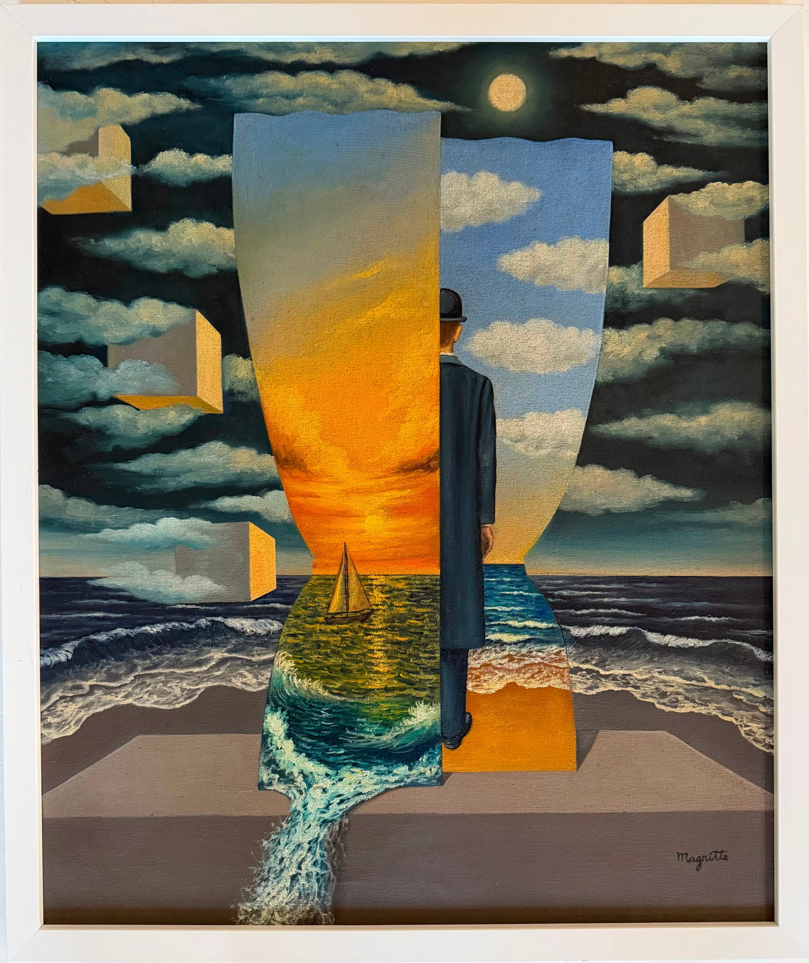 Rene Magritte Belgian 1898 - 1967 Oil on Canvas Seaside Passage in the style of.Picasso,Miro Era: Title: Seaside Passage of Time Technique: Oil on canvas Measures: 24 x 20 inches (61 x 50.8 cm) Year: Mid-20th Century Surrealist Period Visual Description: This captivating Surrealist composition pre