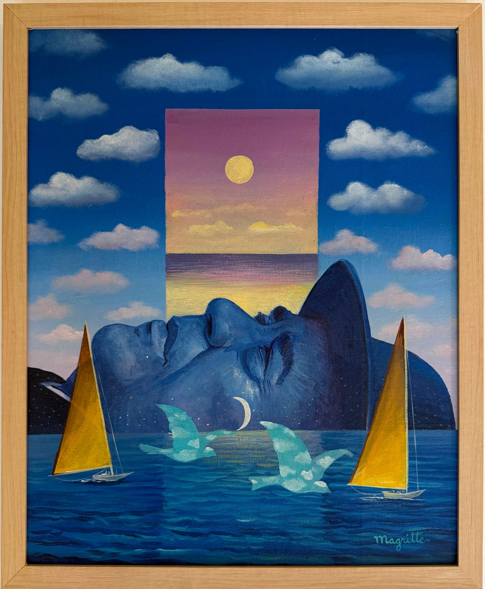 Rene Magritte Belgian 1898 - 1967 Oil on Canvas Dreamers Beneath in the style of.Picasso,Miro Era: Title: Dreamers Beneath the Eternal Horizon Technique: Oil on canvas Measures: 20 x 16 inches (50.8 x 40.6 cm) Year: Mid-20th Century Surrealist Period Visual Description: This poetic and visually cap