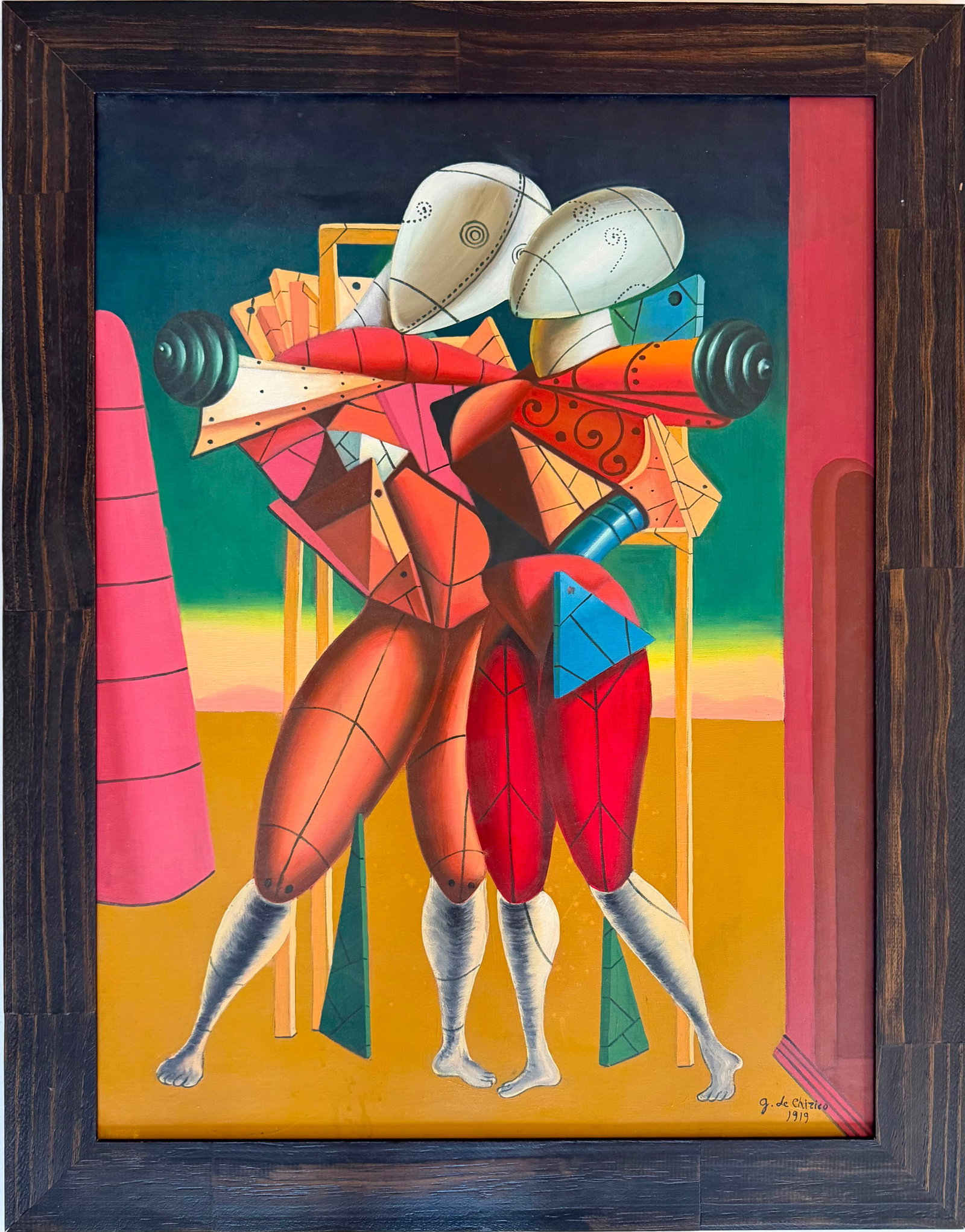 Giorgio de Chirico Oil on Canvas painting Metaphysical Figures in the style of , Dali , Magritte Era: Title: Title: Metaphysical Figures Composition Technique: Oil on canvas Measures: 31 x 23 inches (78.7 x 58.4 cm) Year: Undated Visual Description: This extraordinary and visually compelling compositi