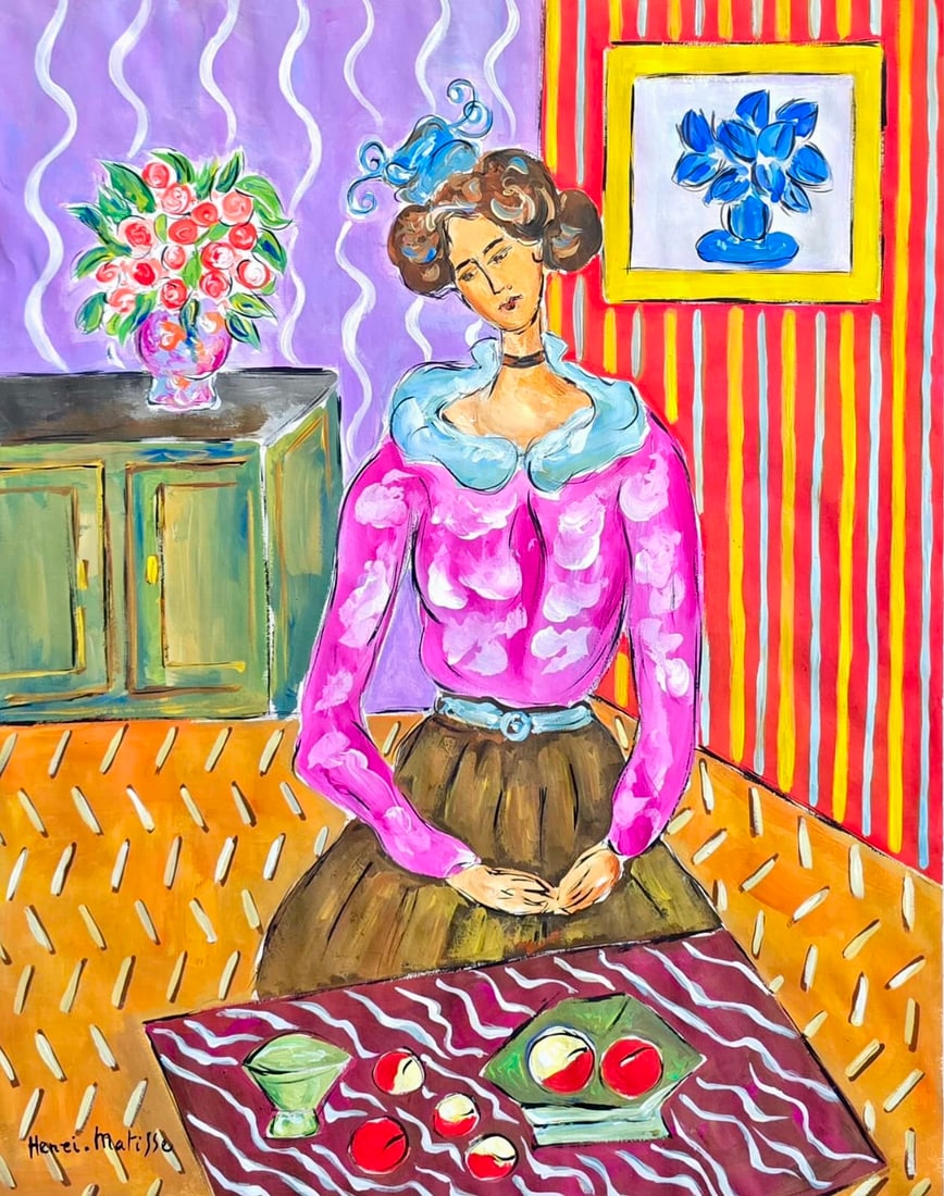 Henri Matisse Freanch 1869-1954 watercolor on paper paintingin the style of Seated Woman,Picasso Era: Title: Seated Woman in an Interior Technique: Watercolor on paper Measures: 17 x 13 inches (43.2 x 33 cm) Year: Mid-20th Century Modernist Period Visual Description: This vibrant and charming interior
