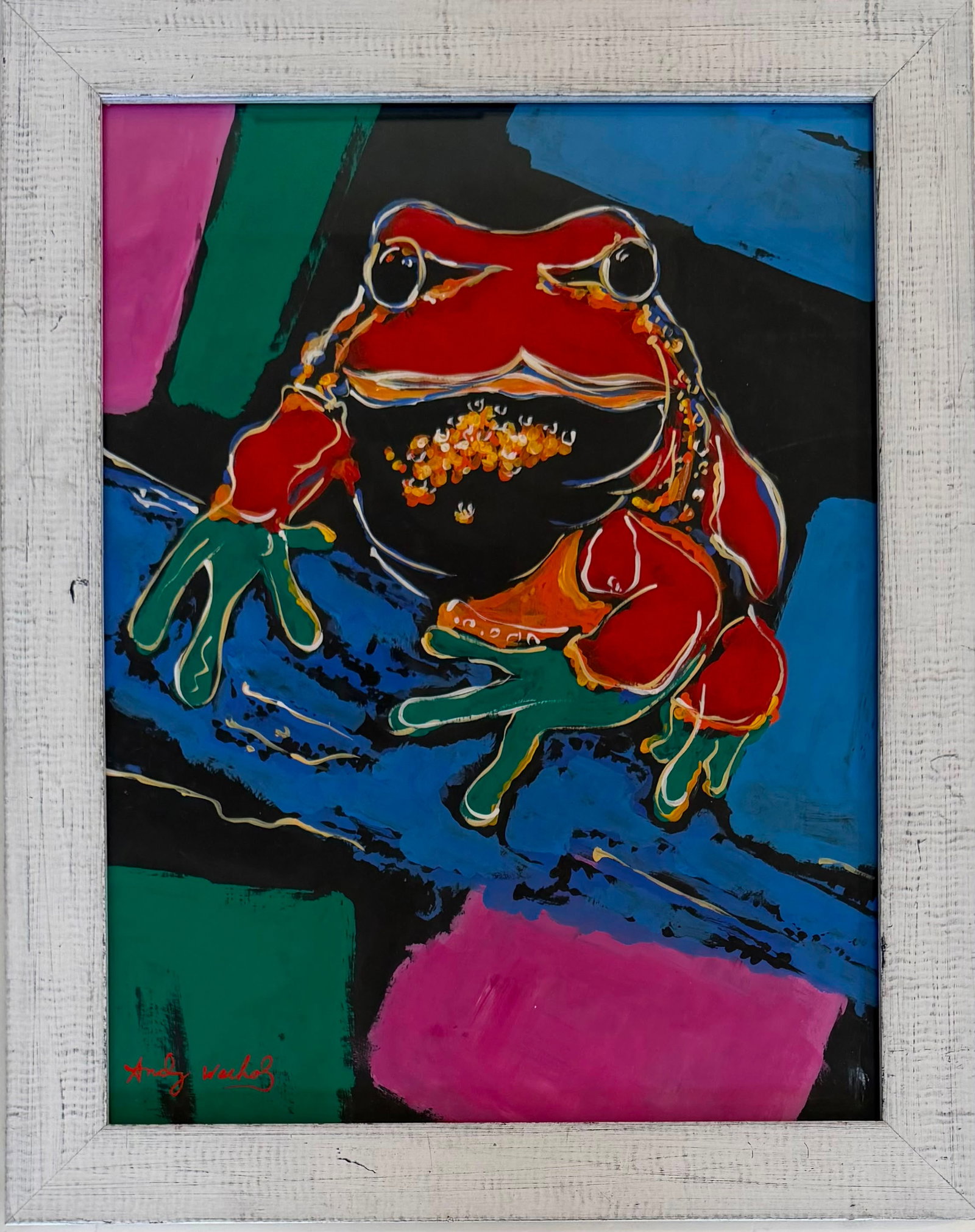 Andy Warhol American 1928-1987 Gouache on Paper Red Tree Frog in the style of . Basquiat,Haring Era: Title: Red Tree Frog Technique: Gouache on paper Measures: 15 x 11 inches (38.1 x 27.9 cm) Year: Late 20th Century Pop Art Tradition Visual Description: This bold and visually captivating composition 