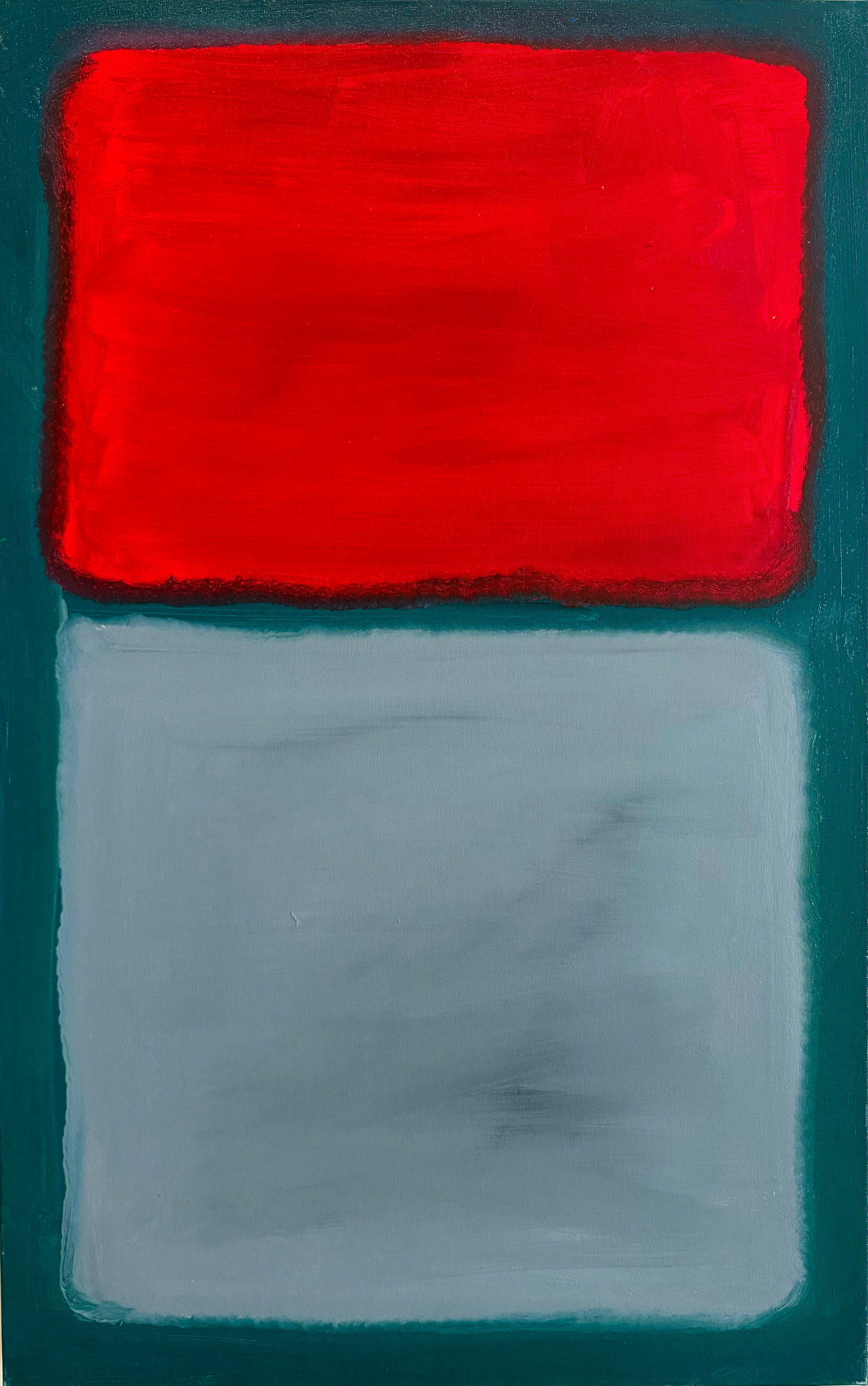 Mark Rothko American 1903-1970 oil on canvas painting in the style of Pollock , Kline , Haring Era: Title: Crimson and Silver Horizon Technique: Oil on canvas Measures: 43 x 27 inches (109.2 x 68.6 cm) Year: Mid-20th Century Abstract Expressionist Period Visual Description: This striking Color Field