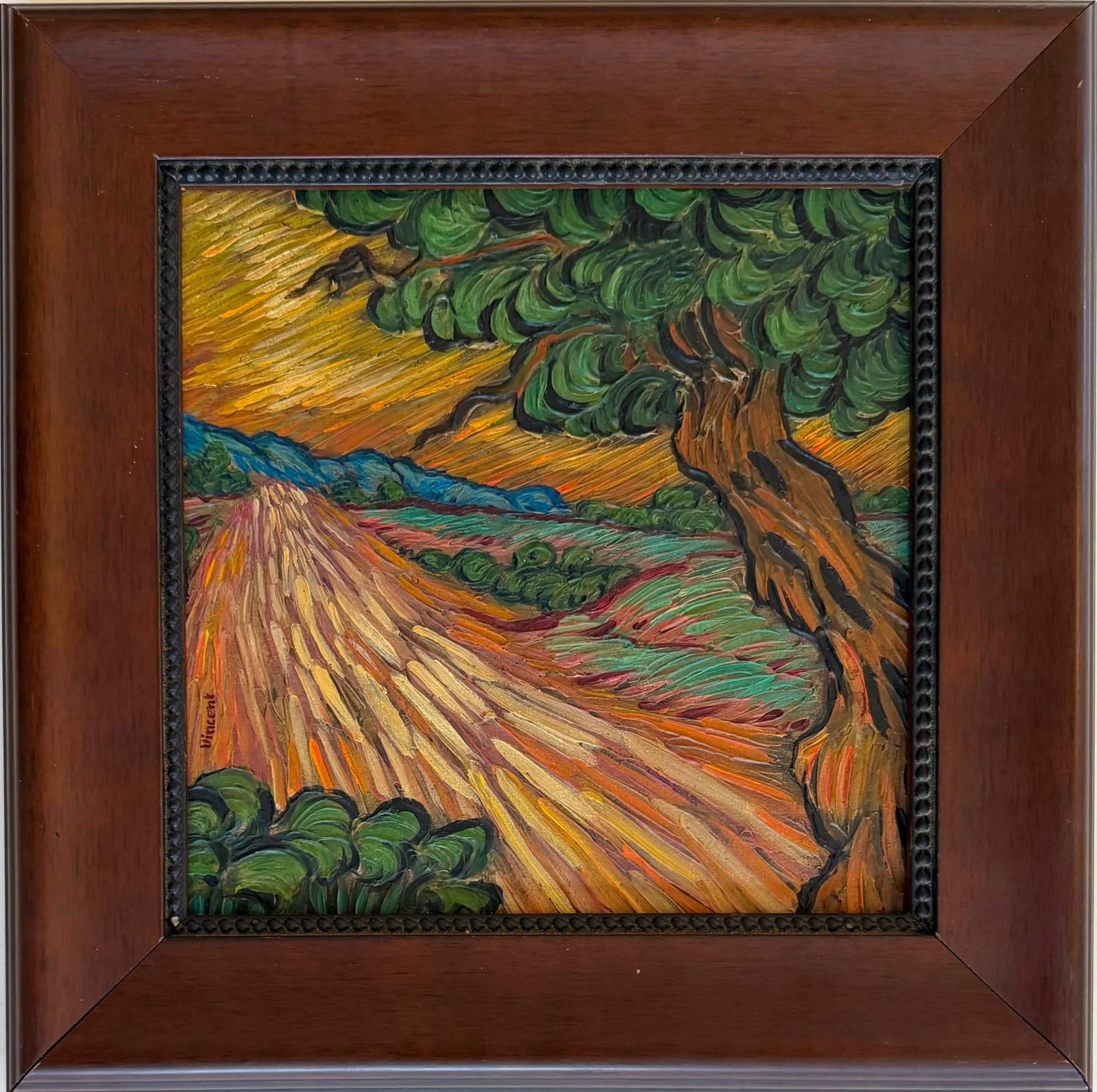 Vincent van Gogh Dutch 1853-1890 Oil on canvas painting Landschap in the style of.Monet Degas Era: Title: Cypress Road Through the Countryside Technique: Oil on canvas Measures: 10 x 10 inches (25.4 x 25.4 cm) Year: Late 19th Century Post-Impressionist Tradition Visual Description: This vibrant lan