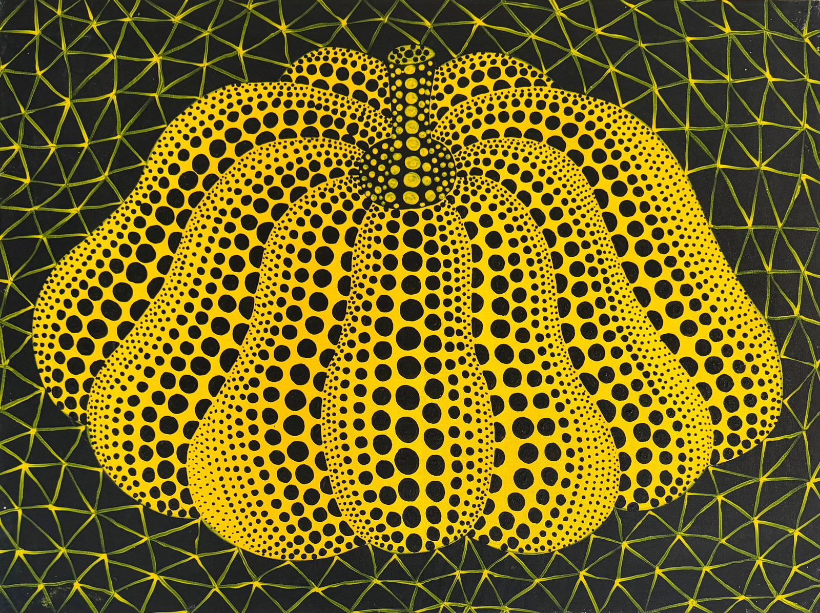 Yayoi Kusama Japanese Born 1929 Pumpkin Acrylic on canvas in the style of , Haring , Warhol Era: Title: Pumpkin Technique: Acrylic on canvas Measures: 23 x 31 inches (58.4 x 78.7 cm) Year: 2000Condition: Good condition. Surface presents stable pigment application with vibrant coloration, crisp pa