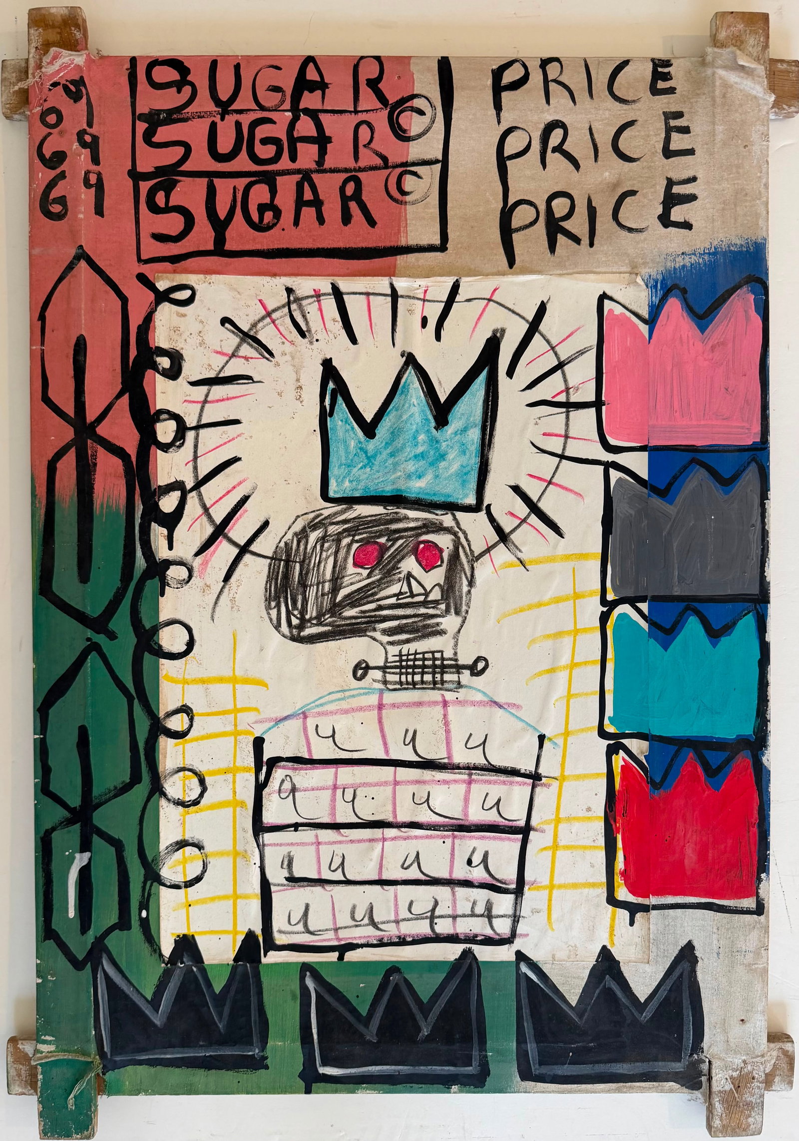 Jean Michel Basquiat American 1960-1988 Acrylic painting in the style.De Kooning, Kline, Haring Era: Title: Sugar Price Crown Composition Technique: Mixed media on canvas Measures: 26 x 18 inches (66 x 45.7 cm) Year: 1982Condition: Good condition. Surface presents stable media application with strong