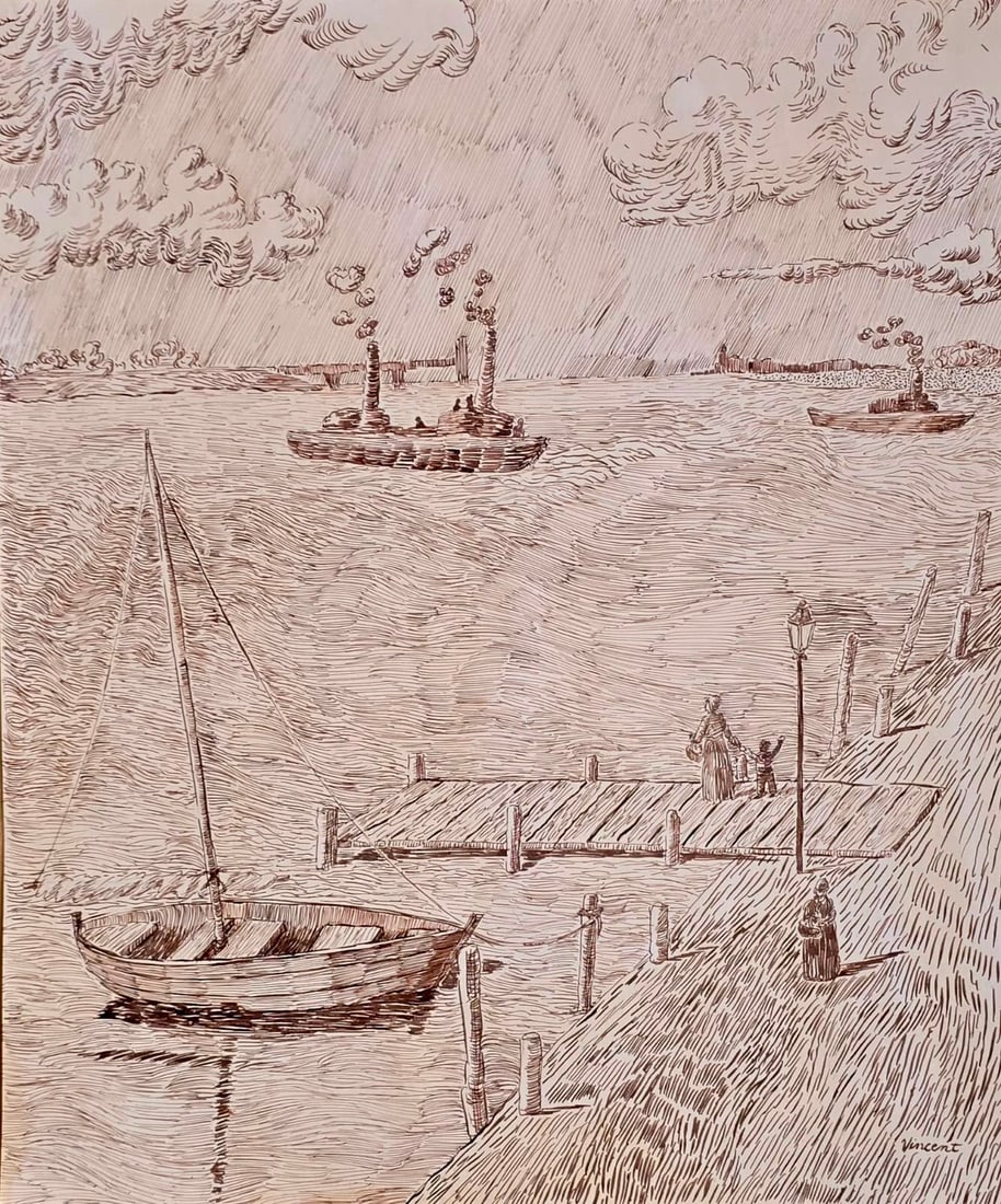 Vincent van Gogh Dutch 1853-1890 ink on paper drawing Harbor Scene inthe style of.Monet ,Picasso Era: Title: Harbor Scene with Steam Vessels Technique: Ink on paper Measures: 14 x 12 inches (35.6 x 30.5 cm) Year: Circa 1882–1885Condition: Good condition. Surface presents well-preserved ink applicati
