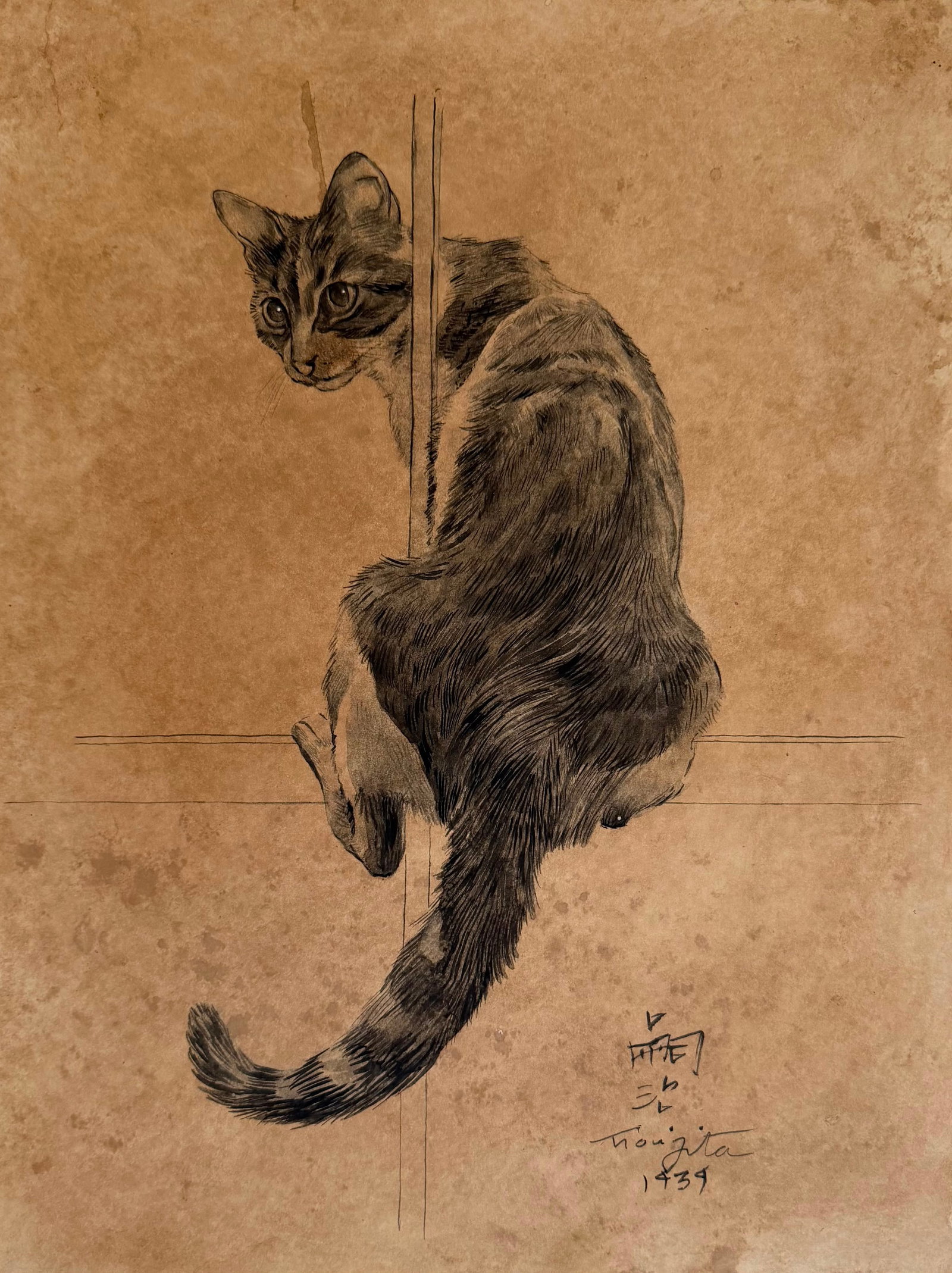 Leonard Tsuguharu Foujita Japanese1886–1968 Watercolor on paper Seated Cat in the style of.Picasso: Title: Seated Cat Technique: Ink on paper Measures: 15 x 12 inches (38.1 x 30.5 cm) Year: 1939 Condition: Good condition. Surface presents stable ink application with finely preserved linework and ton