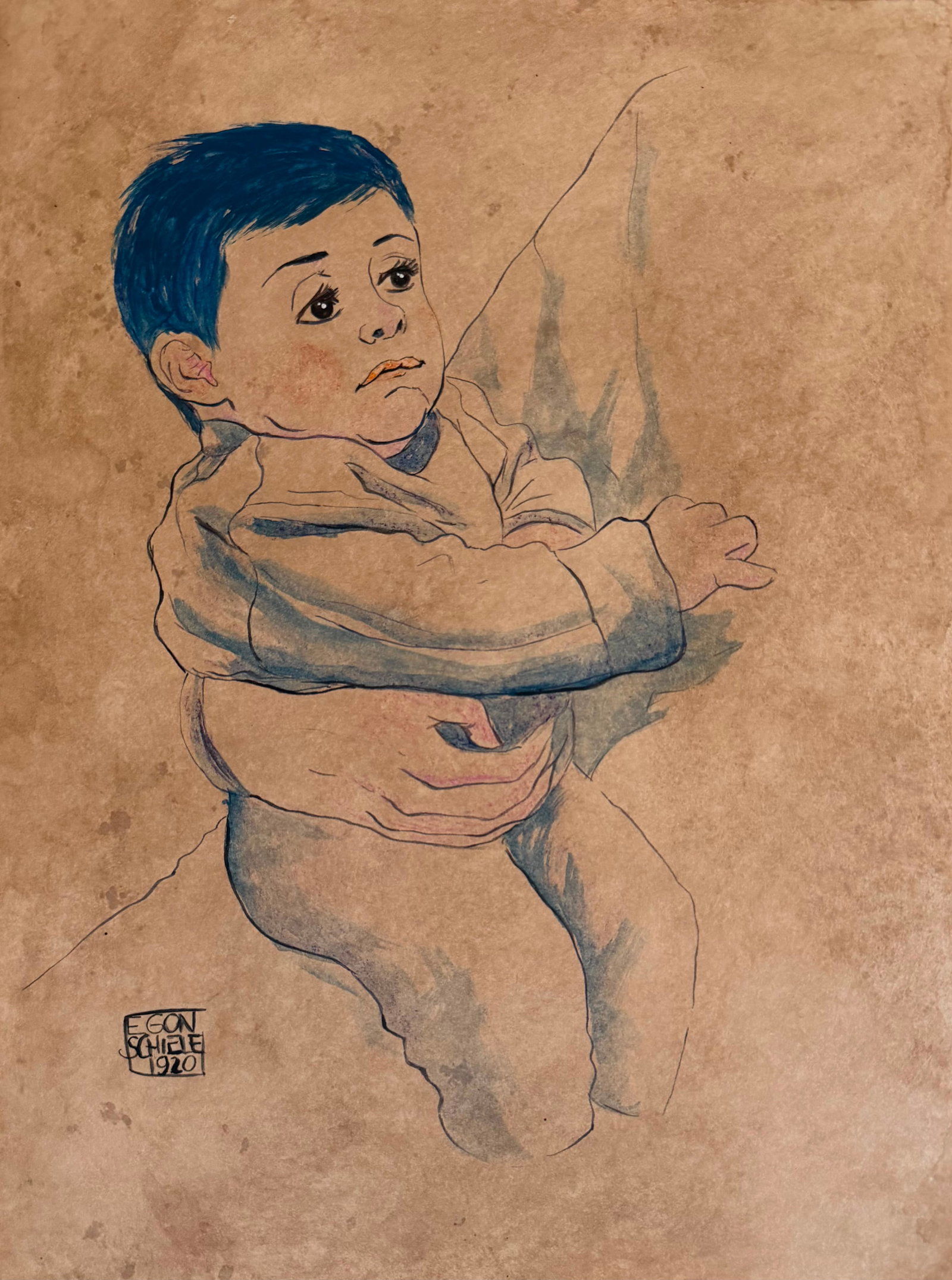 Egon Schiele (Austrian, 1890–1918) watercolor painting Seated Child in the style of.Degas,Monet: Title: Seated Child Portrait Technique: Watercolor on paper Measures: 15 x 12 inches (38.1 x 30.5 cm) Year: 1920 Condition: Good condition. Surface presents stable watercolor application with well-pre
