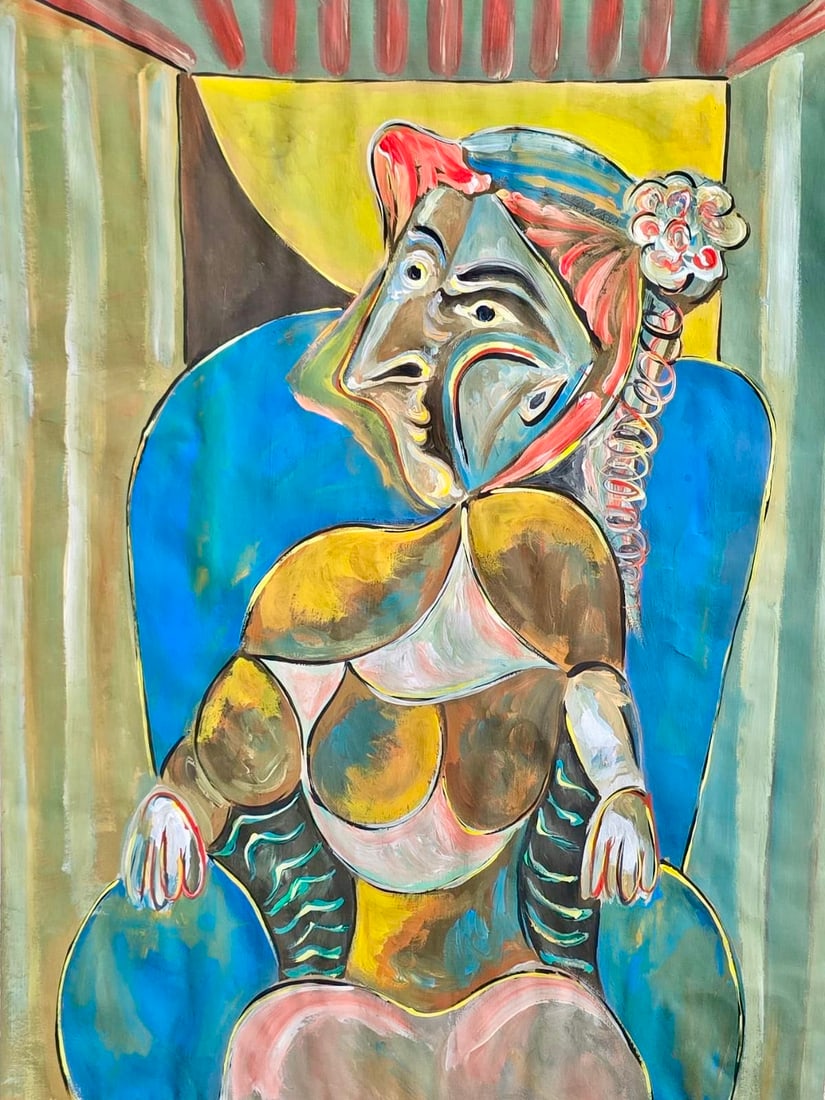 Pablo Picasso French 1881-1973 Gouache on paper painting in the style of Braque, Dali Era: Title: Seated Woman in Blue Chair Technique: Gouache on paper Measures: 18 x 12 inches (45.7 x 30.5 cm) Year: Mid-20th Century Cubist Tradition Condition: Good condition. Surface presents stable pigme