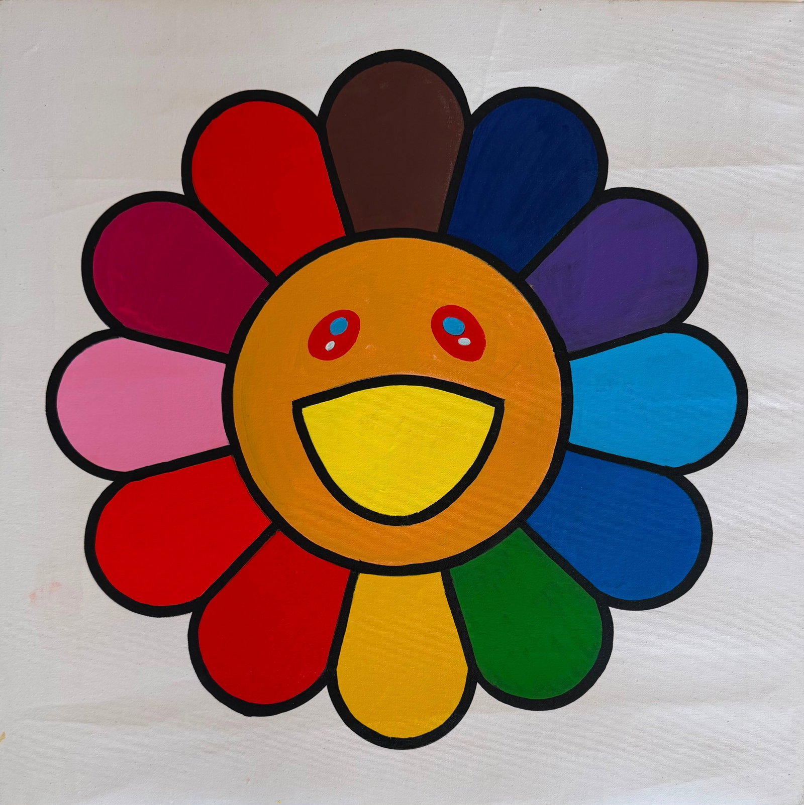 Takashi Murakami (Japanese, b. 1962) acrylic on canvas painting Smiling Flower: Title: Smiling Flower Technique: Acrylic on canvas Measures: 21 x 21 inches (53.3 x 53.3 cm) Year: Contemporary Superflat Tradition Condition: Good condition. Surface presents stable pigment applicati
