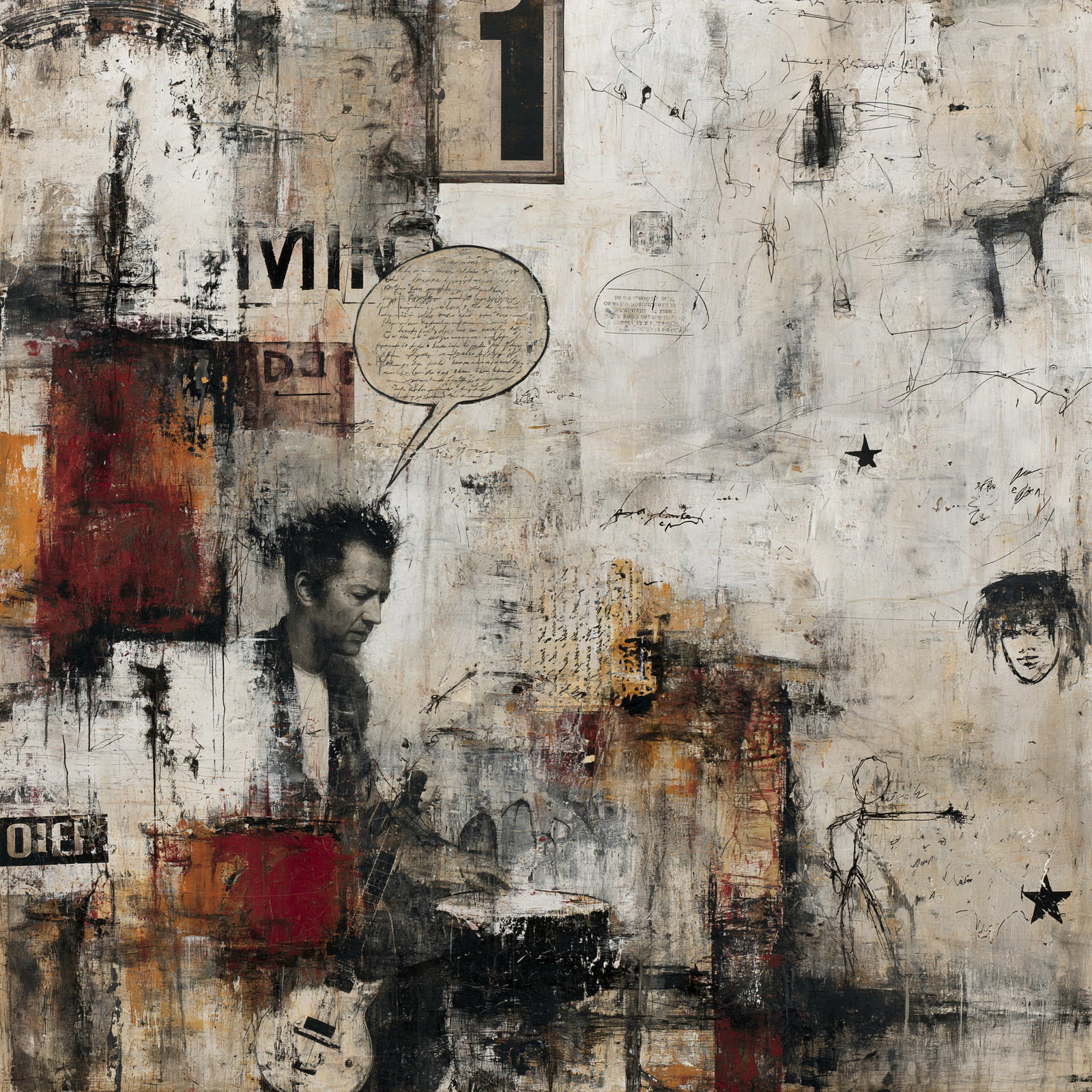 Inner Monologue. Acrylic print on panel. By the IAAG Artists Group. Contemporary.: Title: Inner Monologue Technique: Acrylic print on panel Measures: 20 × 20 inches (51 × 51 cm) Year: Contemporary Condition: Excellent condition. Richly layered mixed-media composition with strong t
