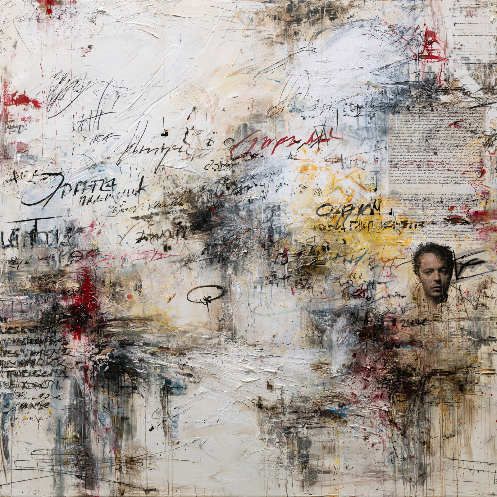 Fragments of Memory. Acrylic print on panel. By the IAAG Artists Group. Contemporary.: Title: Fragments of Memory Technique: Acrylic print on panel Measures: 20 × 20 inches (51 × 51 cm) Year: Contemporary Condition: Excellent condition. Dynamic mixed-media composition featuring expres