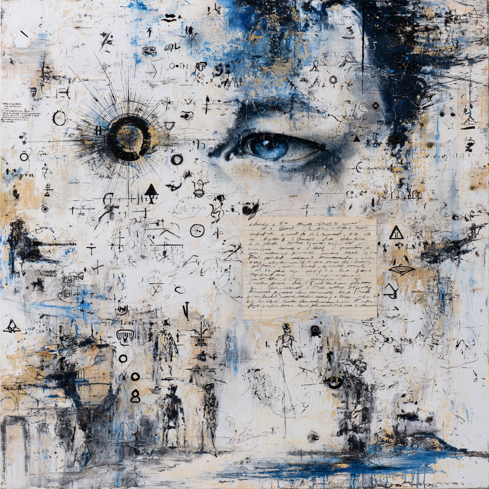 The Observer Within. Acrylic print on panel. By the IAAG Artists Group. Contemporary.: Title: The Observer Within Technique: Acrylic print on panel Measures: 20 × 20 inches (51 × 51 cm) Year: Contemporary Condition: Excellent condition. Intricately layered mixed-media composition with
