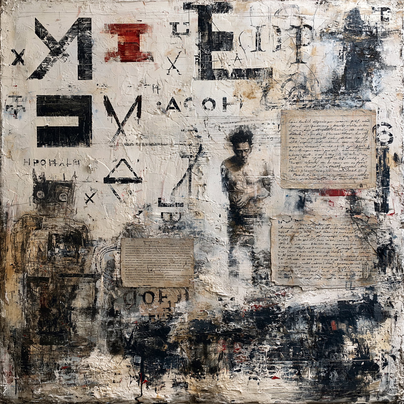 Codex of Fractured Memory. Acrylic print on panel. By the IAAG Artists Group. Contemporary.: Title: Codex of Fractured Memory Technique: Acrylic print on panel Measures: 20 × 20 inches (51 × 51 cm) Year: Contemporary Condition: Excellent condition. Rich mixed-media-inspired composition feat