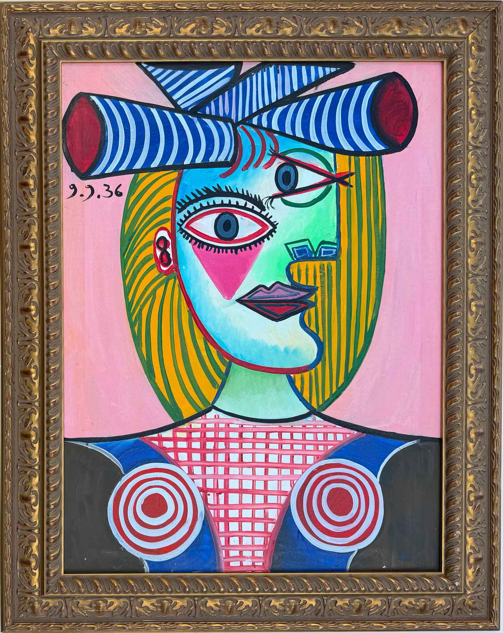 Pablo Picasso Spanish 1881-1973 In the Style of Cubist Portrait with Striped Headdress Oil on: Title: Cubist Portrait with Striped Headdress Technique: Oil on canvas Measures: 31 x 23 inches (78.7 x 58.4 cm) Year: Circa mid-20th century Condition: Good condition. Surface presents stable layered