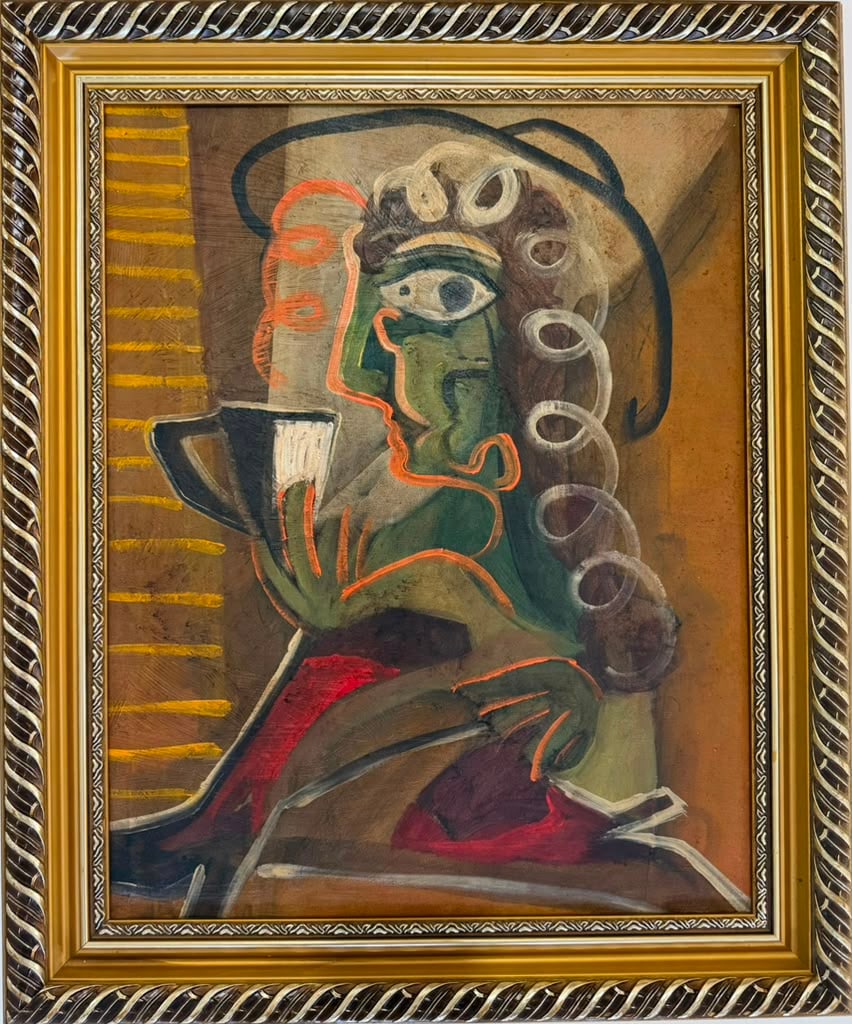 Pablo Picasso Spanish 1881-1973 Oil on Canvas Painting Cubist Woman in the style of.Dali,Miro Era: Title: Cubist Woman Holding a Vessel Technique: Oil on canvas Measures: 20 x 16 inches (50.8 x 40.6 cm) Year: Circa mid-20th century Condition: Good condition. Surface presents stable pigment with wel