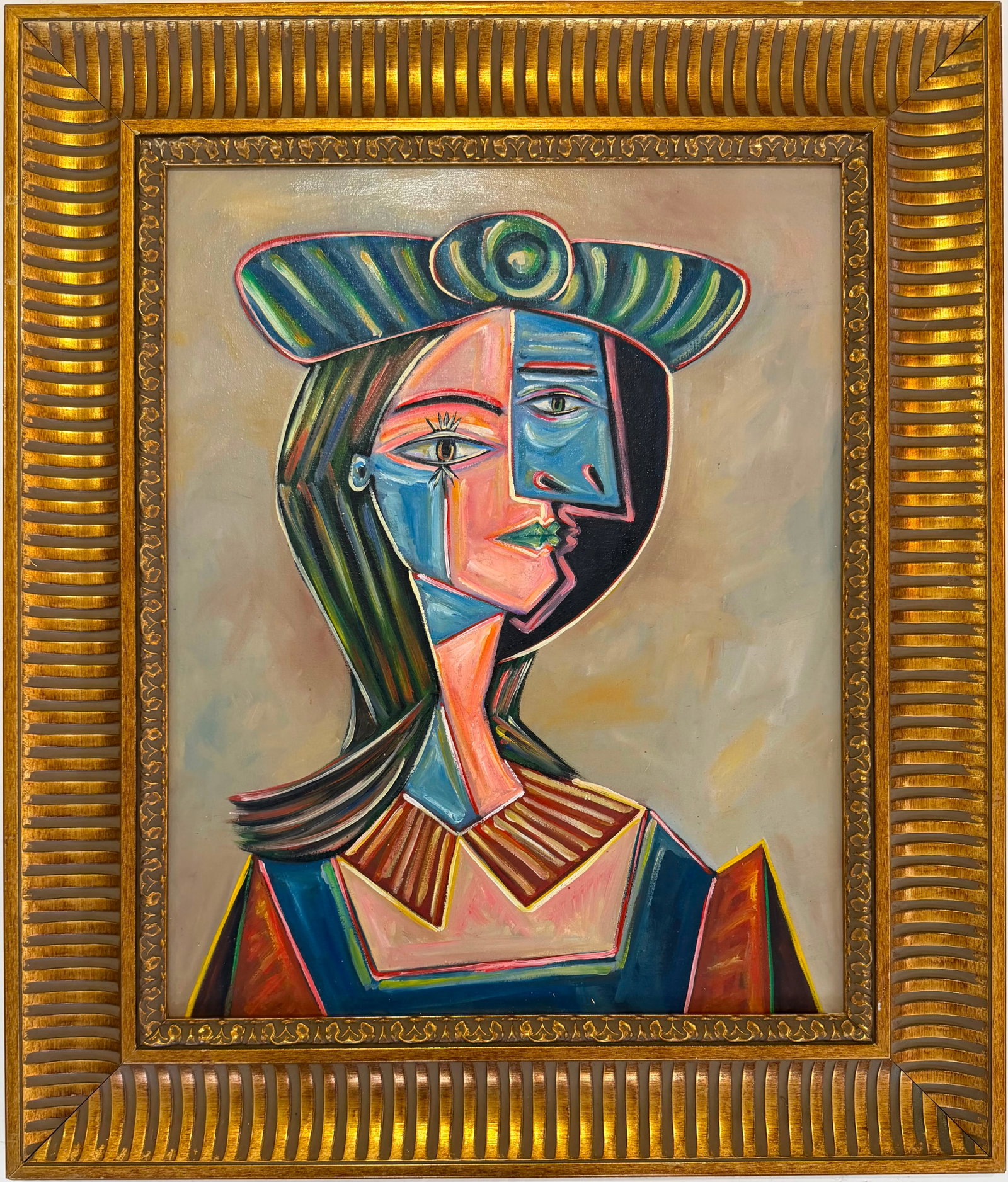 Pablo Picasso Spanish 1881-1973 Oil on Canvas Painting Cubist Portrait in the style of.Dali,Miro Era: Title: Cubist Portrait with Spiral Hat Technique: Oil on canvas Measures: 20 x 16 inches (50.8 x 40.6 cm) Year: Circa mid-20th century Condition: Good condition. Surface presents stable pigment with v