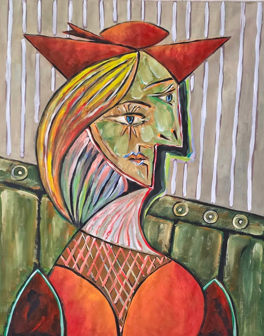 Pablo Picasso Spanish 1881-1973 Gouache on Paper Painting in the style of.Dali,Miro Era: Title: Untitled (Cubist Woman with Red Hat) Technique: Gouache on paper Measures: 17 x 13 inches (43.2 x 33 cm) Year: Mid-20th Century Cubist Period Condition: Good condition. The gouache presents wel