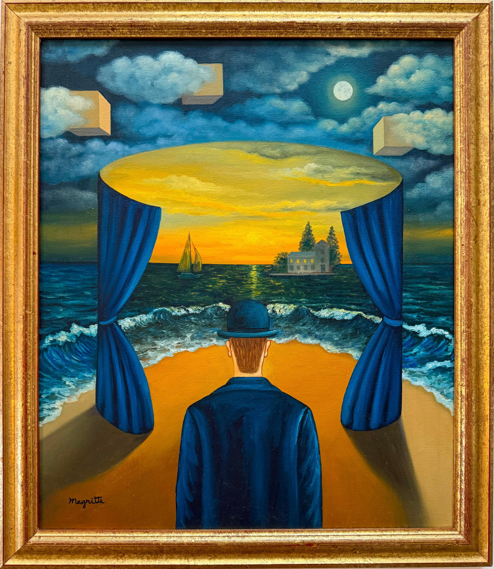 Rene Magritte Belgian 1898 - 1967 Oil on Canvas Infinite Horizon in the style of.Picasso,Miro Era: Title: Theater of the Infinite Horizon Technique: Oil on canvas Measures: 24 x 20 inches (61 x 50.8 cm) Year: Circa mid-20th century Surrealist period Condition: Good condition. Surface presents stabl