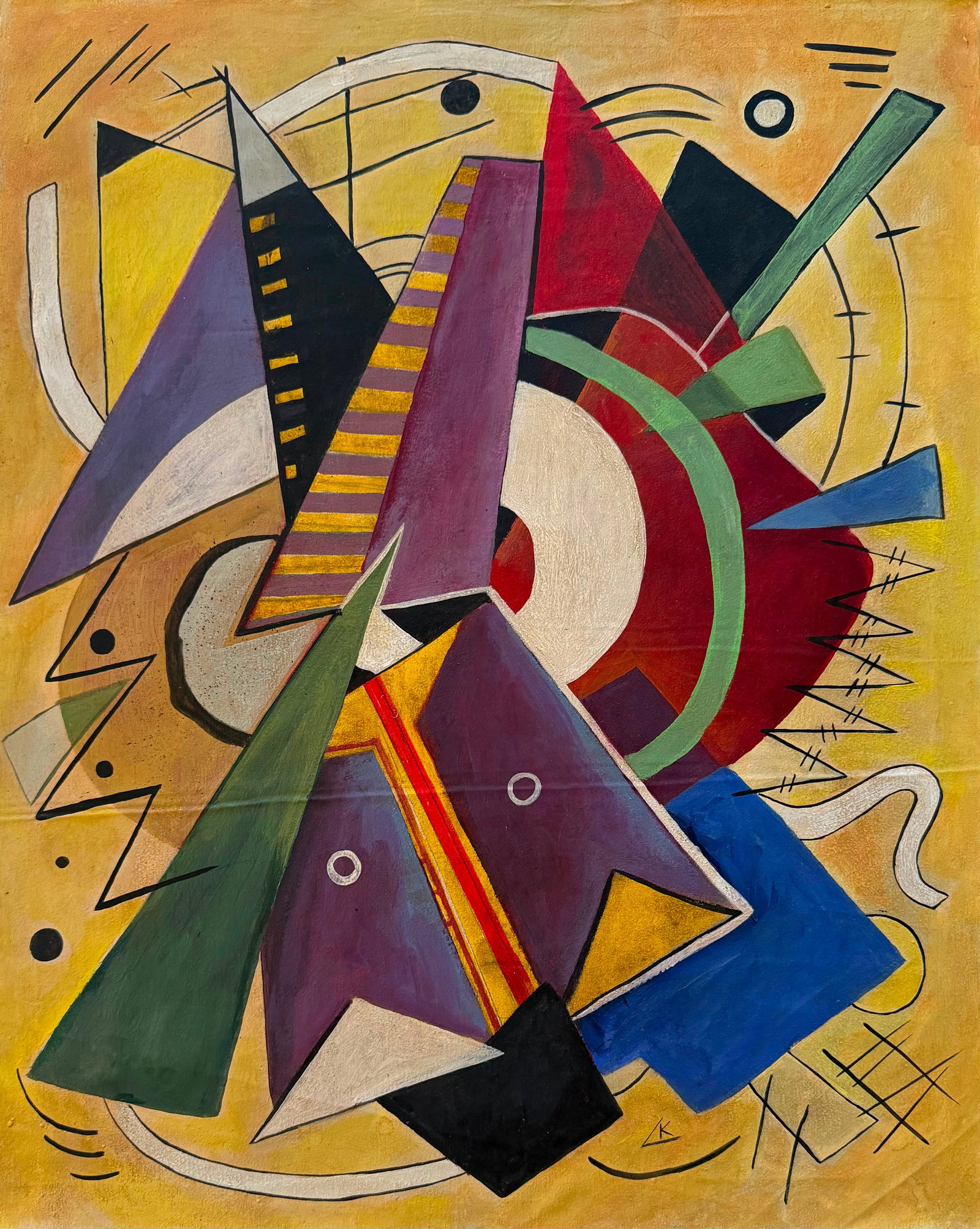 Wassily Kandinsky Russian 1866-1944 oil on canvas painting in the style of Geometric Abstract.Monet: Title: Geometric Abstract Composition Technique: Oil on canvas Measures: 20 x 16 inches (50.8 x 40.6 cm) Year: Circa mid-20th century Abstract period Condition: Good condition. Surface presents stable