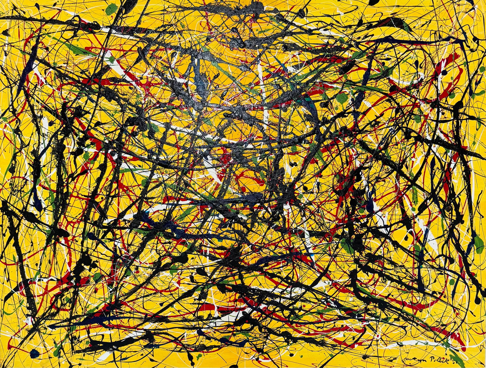Jackson Pollock American 1912-1956 oil on canvas painting Yellow in the style of.Rothko,Basquiat: Title: Composition in Yellow Technique: Oil on canvas Measures: 35 x 47 inches (88.9 x 119.4 cm) Year: 1951 Condition: Good condition. Surface presents stable pigment application with richly textured 