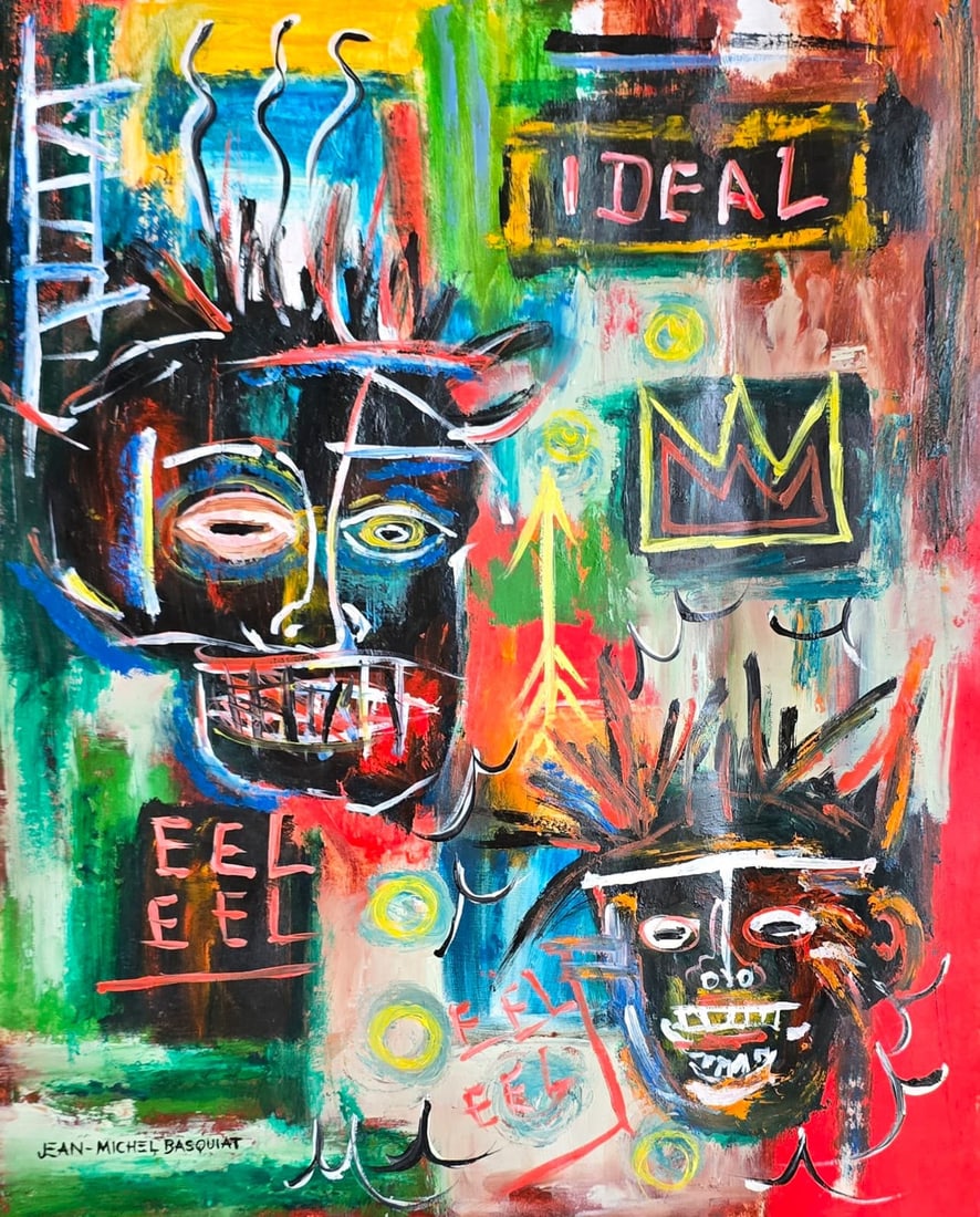 Jean Michel Basquiat American 1960-1988 Acrylic painting in the style.De Kooning, Kline, Haring Era: Title: Ideal and Eel Technique: Oilstick on paper Measures: 16 x 13 inches (40.6 x 33 cm) Year: Circa 1980s Neo-Expressionist period Condition: Good condition. Surface presents stable pigment applicat
