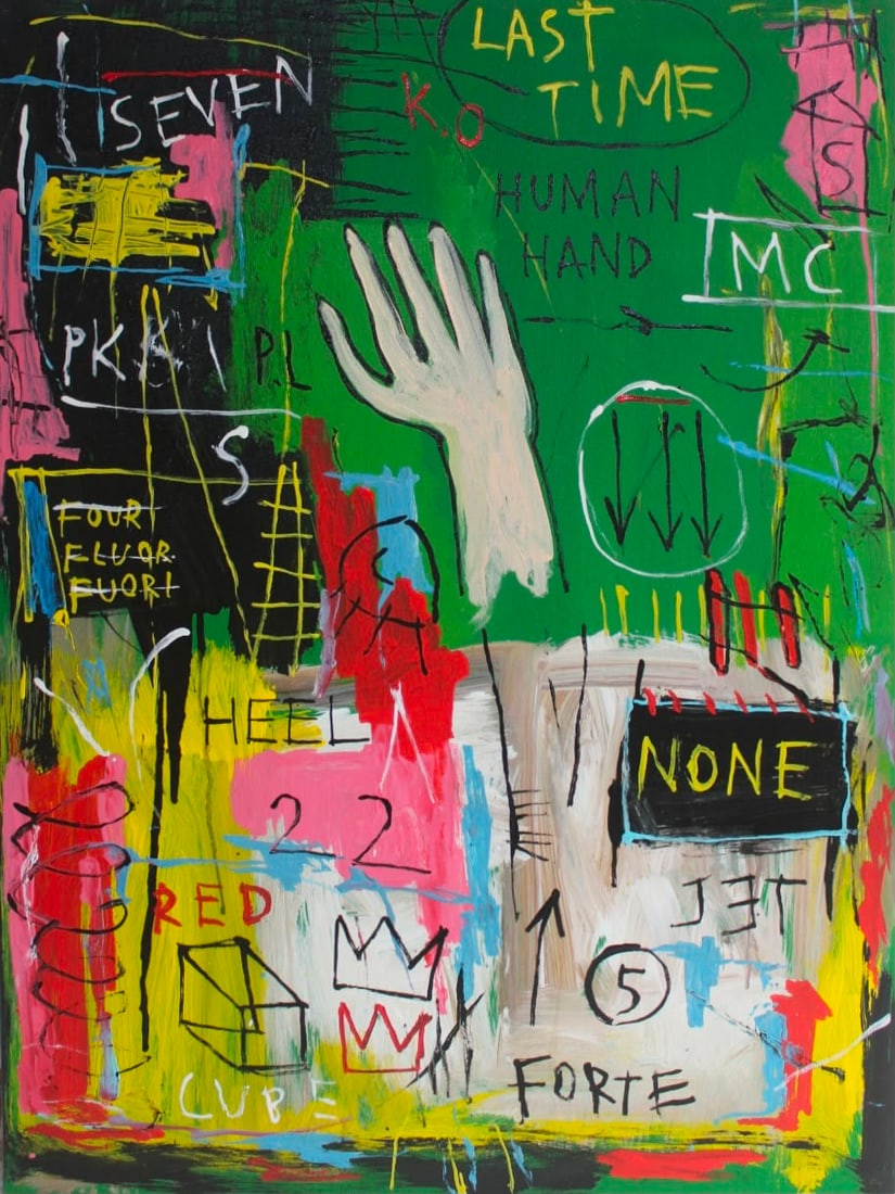 Jean Michel Basquiat American 1960-1988 Acrylic painting in the style.De Kooning, Kline, Haring Era: Title: Untitled Technique: Acrylic on canvas Measures: 31 x 23 inches (78.7 x 58.4 cm) Year: 1982 Condition: Good condition. Surface presents stable acrylic application with vibrant coloration, expres