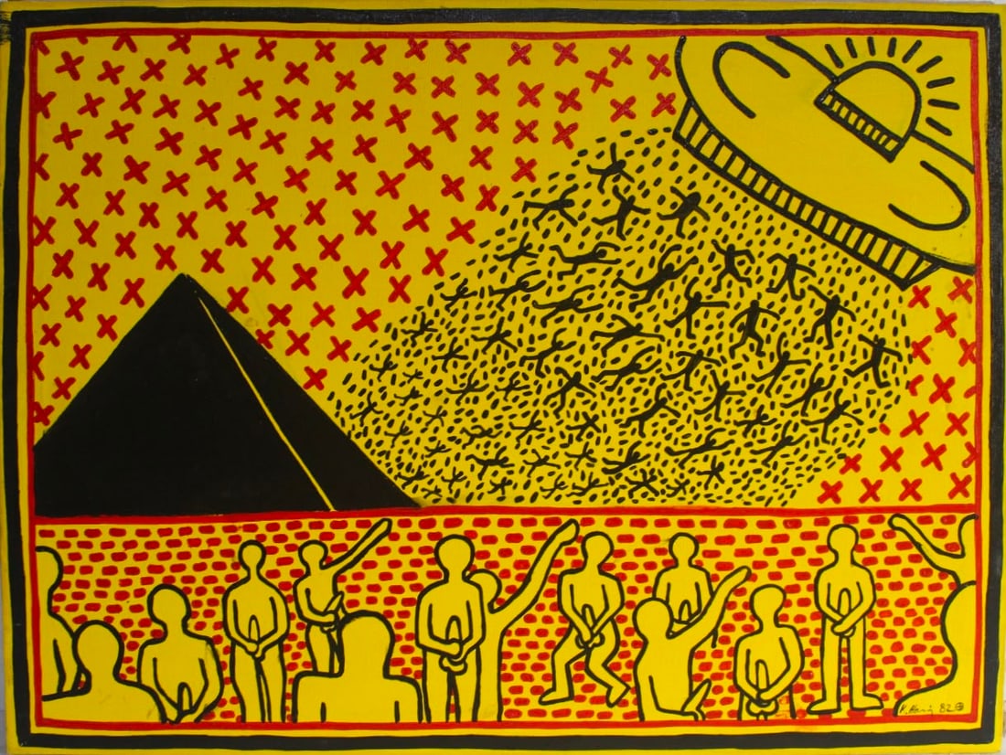 Keith Haring American 1958-1990 Acrylic painting on canvas in the style.De Kooning,Kline, Haring Era: Title: Untitled Technique: Acrylic on canvas Measures: 23 x 31 inches (58.4 x 78.7 cm) Year: 1982 Condition: Good condition. Surface presents stable acrylic application with vibrant coloration, crisp 