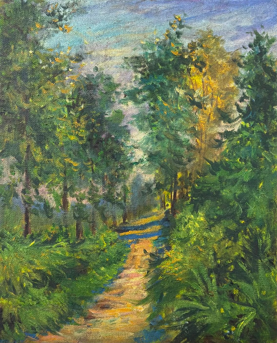 Claude Monet French 1840-1926 oil on canvas painting in the style of Woodland Path Van Goght Era: Title: Woodland Path at Sunset Technique: Oil on canvas Measures: 15 x 13 inches (38.1 x 33 cm) Year: Circa late 19th century Impressionist period Condition: Good condition. Surface presents stable pi