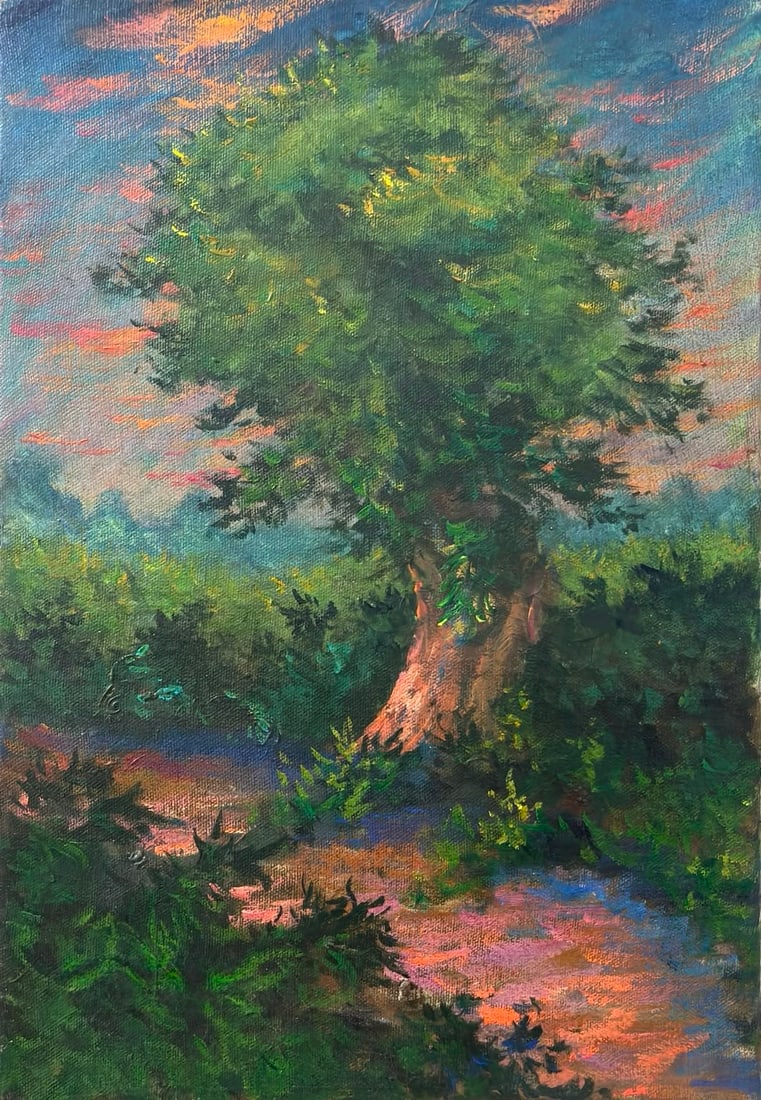 Claude Monet French 1840-1926 oil on canvas painting in the style of Solitary Tree.Van Goght Era: Title: Solitary Tree at Dusk Technique: Oil on canvas Measures: 15 x 10 inches (38.1 x 25.4 cm) Year: Circa late 19th century Impressionist period Condition: Good condition. Surface presents stable pi