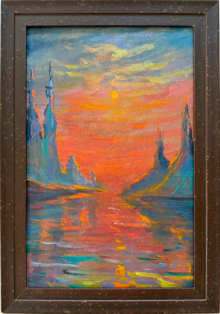 Claude Monet French 1840-1926 oil on canvas painting in the style of Sunset ReflectionsVan Goght Era: Title: Sunset Reflections Technique: Oil on canvas Measures: 14 x 9 inches (35.6 x 22.9 cm) Year: Circa late 19th century Impressionist period Condition: Good condition. Surface presents stable pigmen