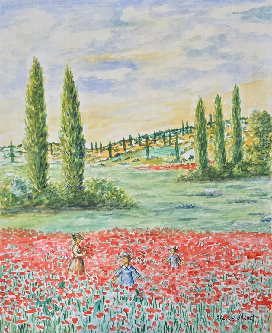 Claude Monet French 1840-1926 oil on canvas painting in the style of Poppy Field.Van Goght Era: Title: Poppy Field with Figures Technique: Watercolor on paper Measures: 16 x 13 inches (40.6 x 33 cm) Year: Circa late 19th century Impressionist period Condition: Good condition. Surface presents st
