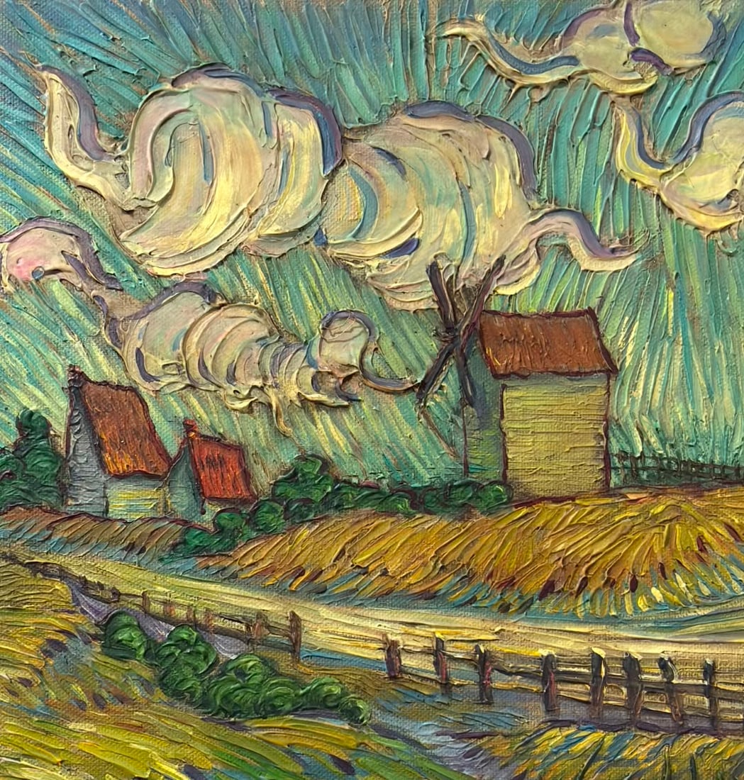 Vincent van Gogh Dutch 1853-1890 Oil on canvas painting Lopend langs in the style of.Monet Degas Era: Title: Lopend langs de Molen Technique: Oil on canvas Measures: 15 x 11 inches (38.1 x 27.9 cm) Year: Circa late 19th century Post-Impressionist period Condition: Good condition. Surface presents stab