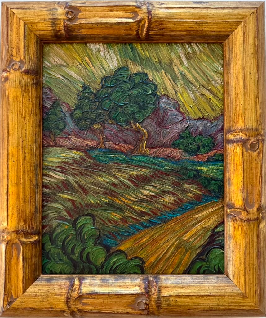 Vincent van Gogh Dutch 1853-1890 Oil on canvas painting Landscape in the style of.Monet Degas Era: Title: Mountain Landscape at Sunset Technique: Oil on canvas Measures: 11 x 9 inches (27.9 x 22.9 cm) Year: Circa late 19th century Post-Impressionist period Condition: Good condition. Surface present