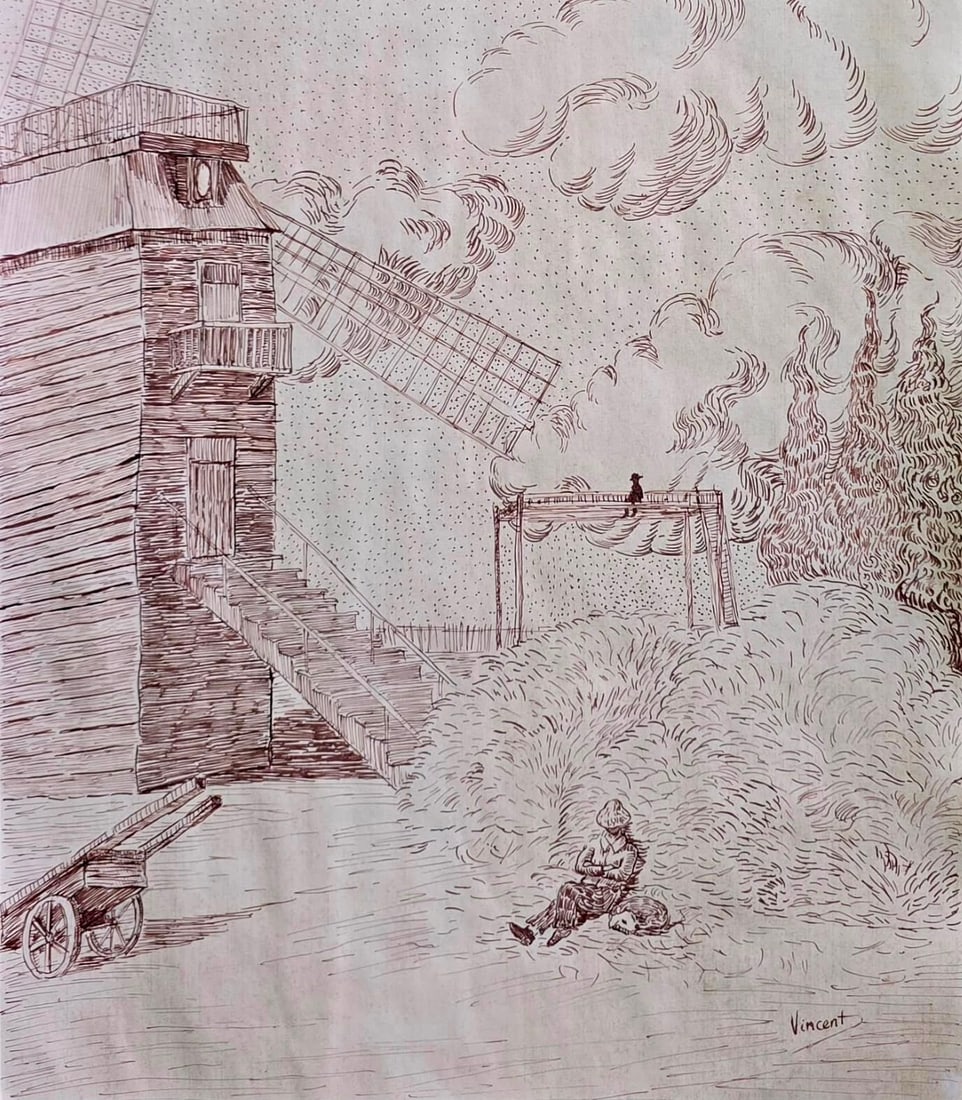 Vincent van Gogh Dutch 1853-1890 Ink on paper Drawing Resting Figure in the style of.Monet Degas Era: Title: The Windmill and Resting Figure Technique: Dutch ink on paper Measures: 15 x 11 inches (38.1 x 27.9 cm) Year: Late 19th Century Post-Impressionist Period Condition: Good condition. The sheet pr