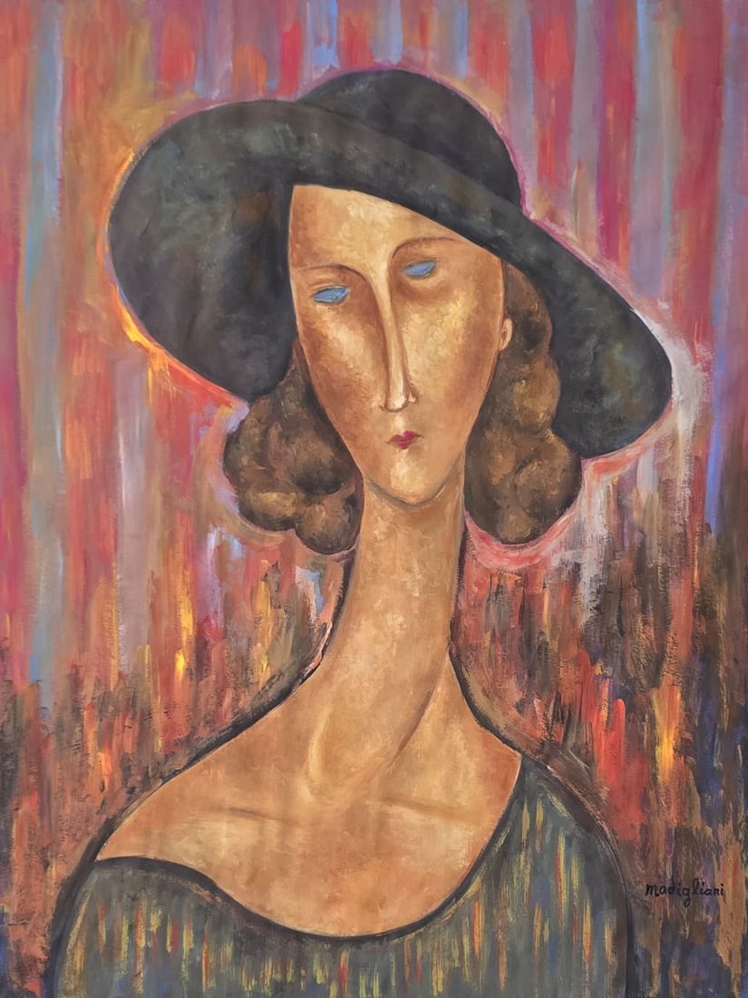 Amedeo Modigliani Italian 1884-1929 Watercolor on paper painting portrait in the style of.Monet era: Title: Untitled (Portrait of a Woman with Black Hat) Technique: Watercolor on paper Measures: 17 x 13 inches (43.2 x 33 cm) Year: Early 20th Century Modernist Period Condition: Good condition. The wat