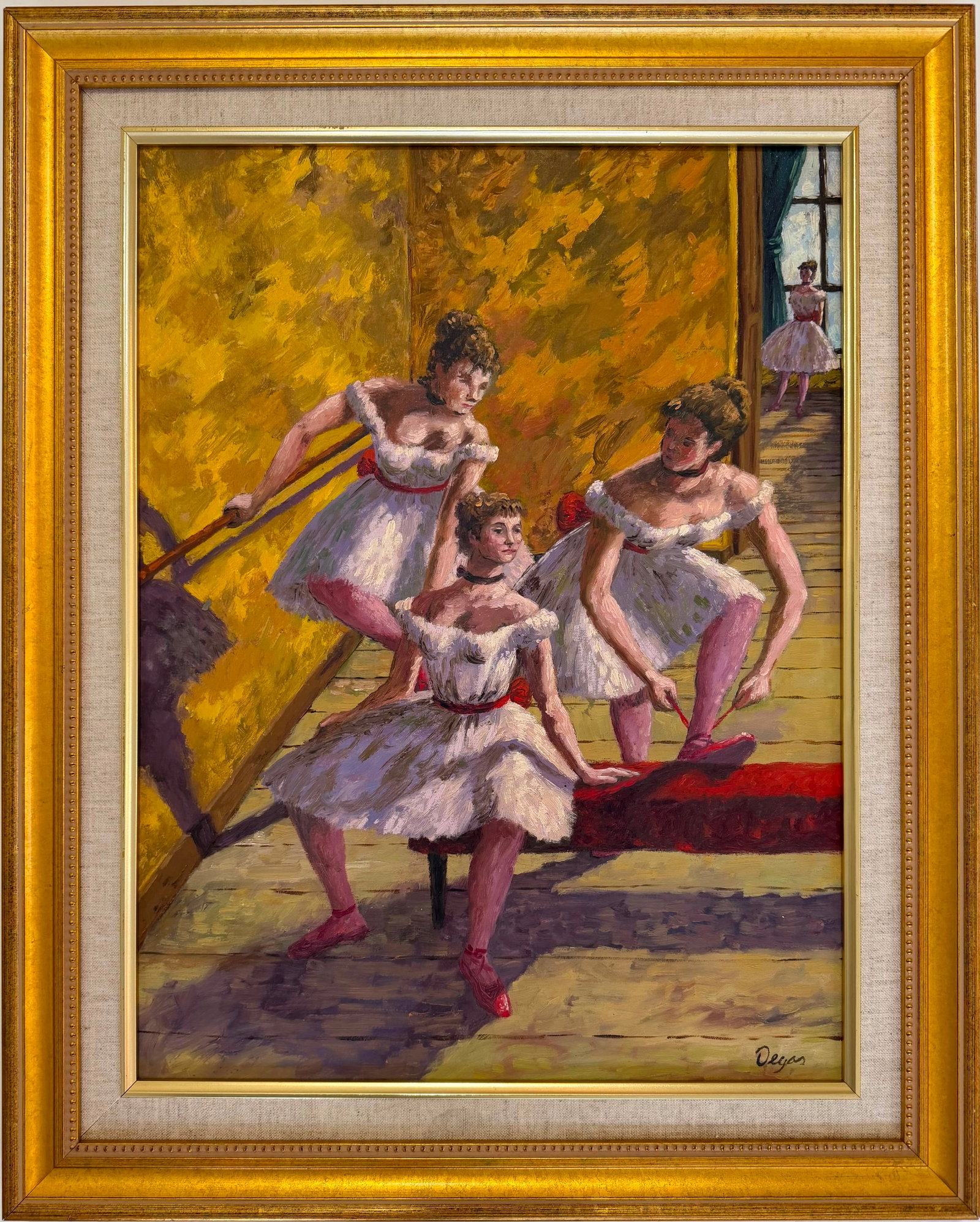 Edgar Degas French 1834-1917 oil on canvas painting Ballet in the style of , Monet , Degas , Picasso: Title: Ballet Rehearsal Scene Technique: Oil on canvas Measures: 20 x 15 inches (50.8 x 38.1 cm) Year: Circa late 19th-century Impressionist period Condition: Good condition. Surface presents stable p