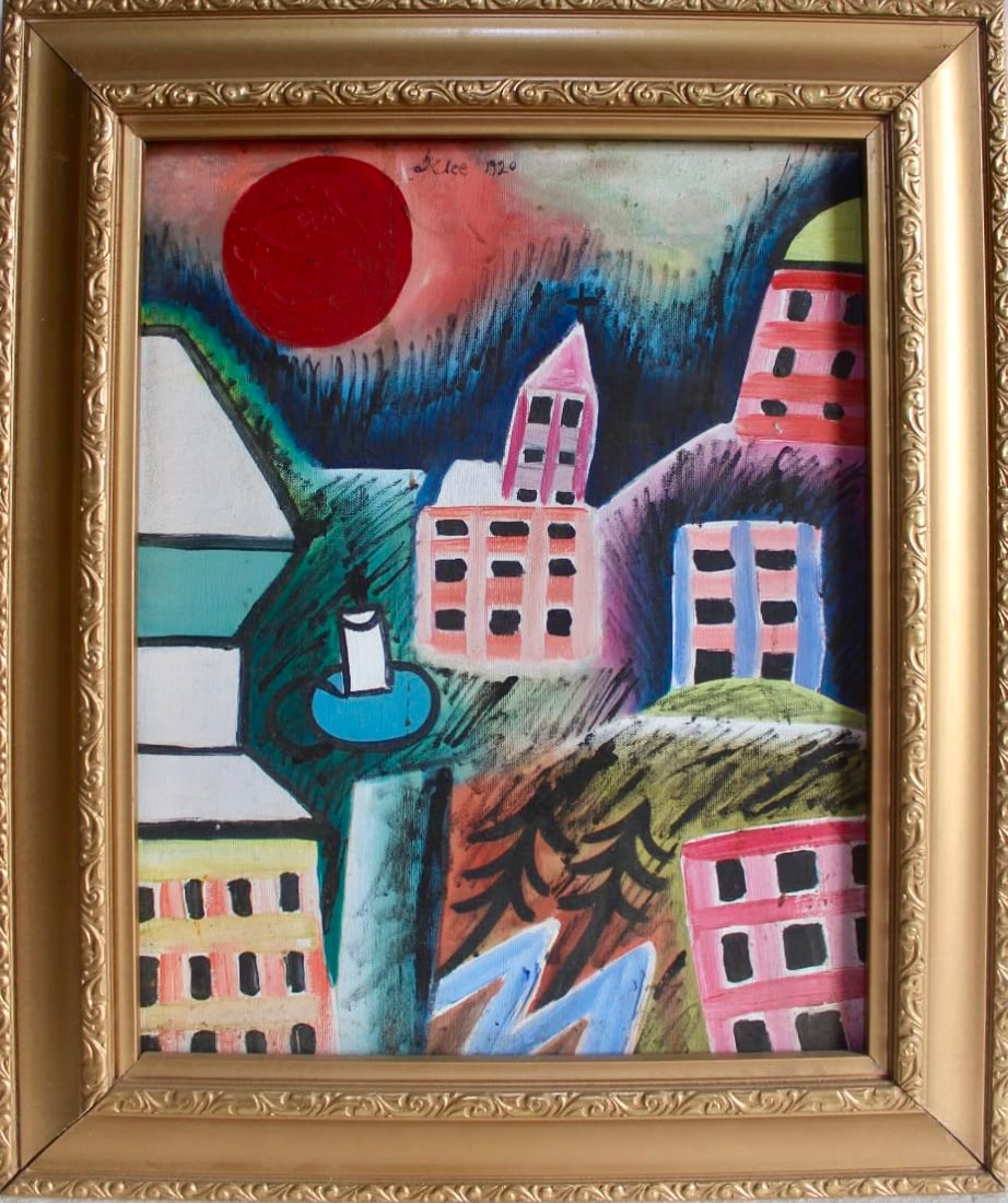 Paul Klee Swiss 1879-1949 Oil on Canvas painting in the style of , Gauguin , Degas , Picasso Era: Title: Zerstörtes Dorf (Destroyed Village) Technique: Oil on canvas Measures: 16 x 13½ inches (40.6 x 34.3 cm) Year: 1920 Condition: Good condition. Surface presents stable pigment application