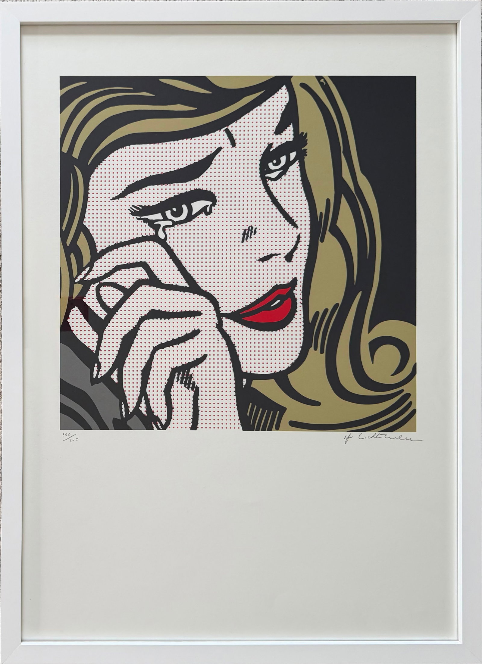 Roy Lichtenstein American Lithograph on Paper Crying Girl: Title: Crying Girl Technique: Lithograph on paper Measures: 27 x 19 inches (68.6 x 48.3 cm) Edition: Numbered 100/200 Condition: Good condition. The lithograph presents strong color saturation and cri